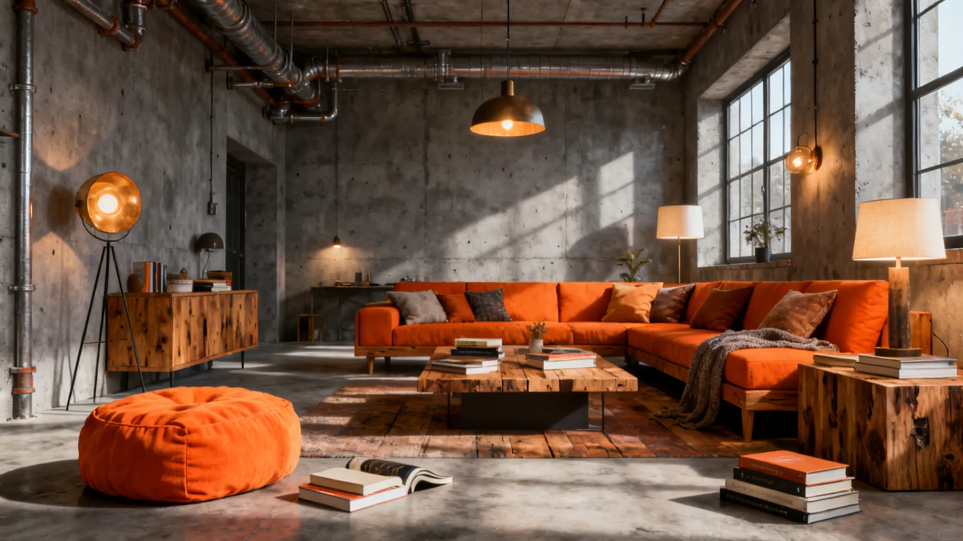 Industrial gray finishes paired with warm orange-toned wood furniture and a tangerine pouf.