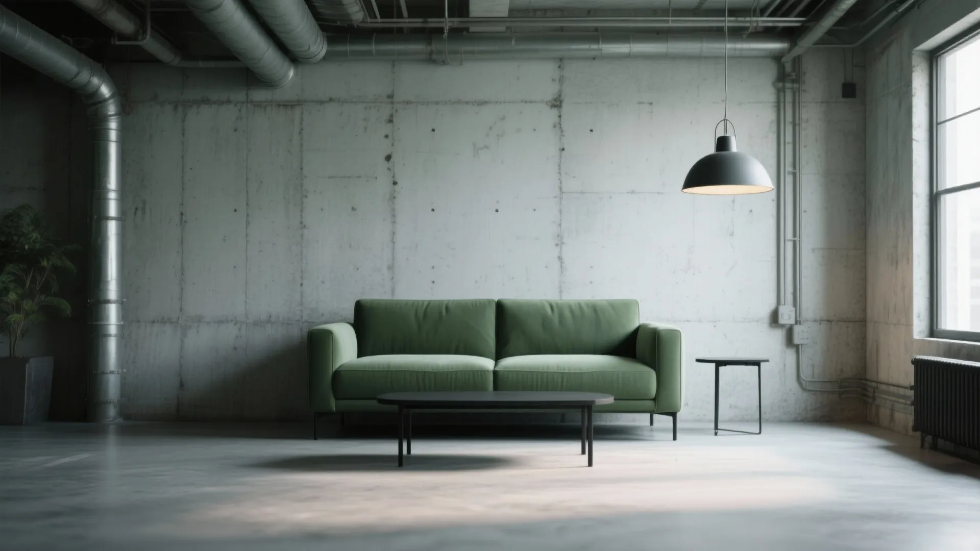 Industrial style room with concrete walls, green sofa, black coffee table, and black ceiling light
