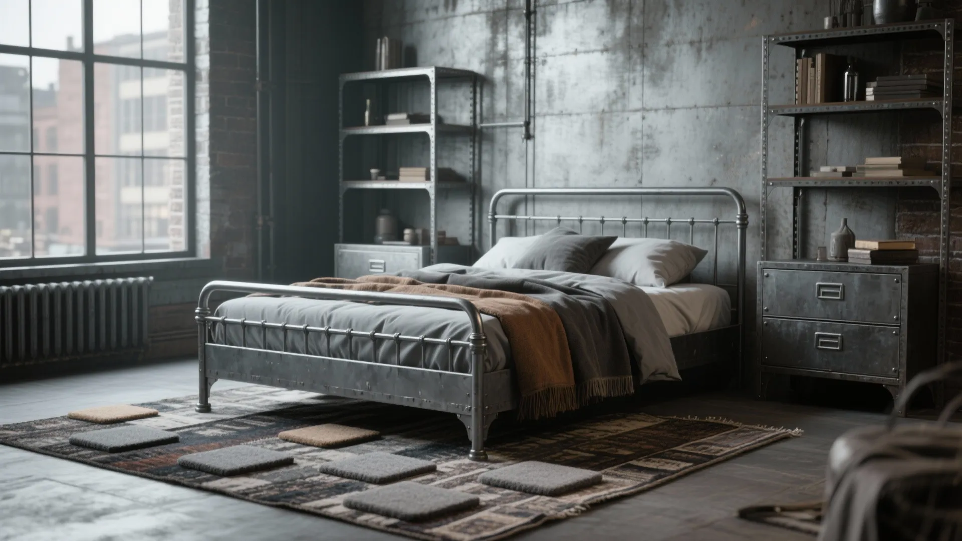 Industrial style bedroom with metal bed frame grey walls metal shelving unit and a patterned rug