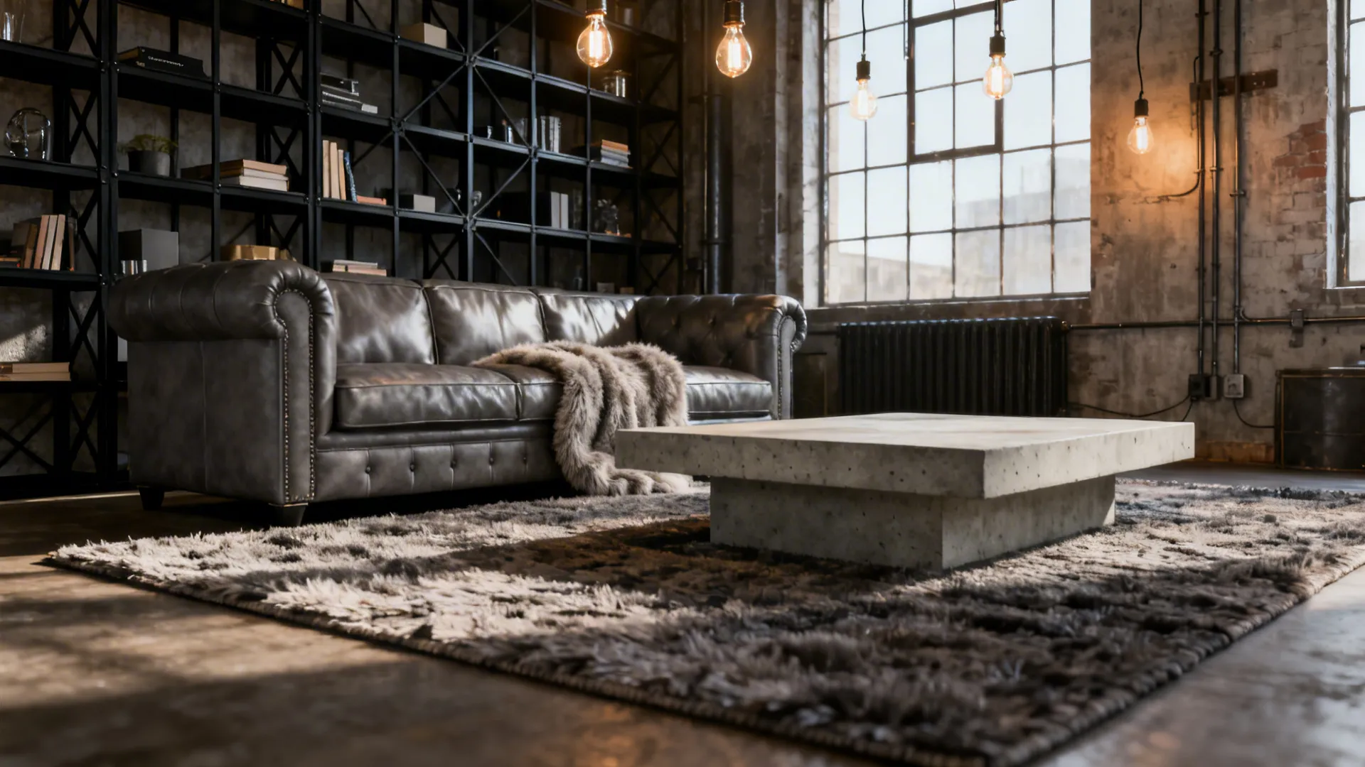 Industrial living room with grey leather sofa, fur throw, concrete coffee table, and hanging lights