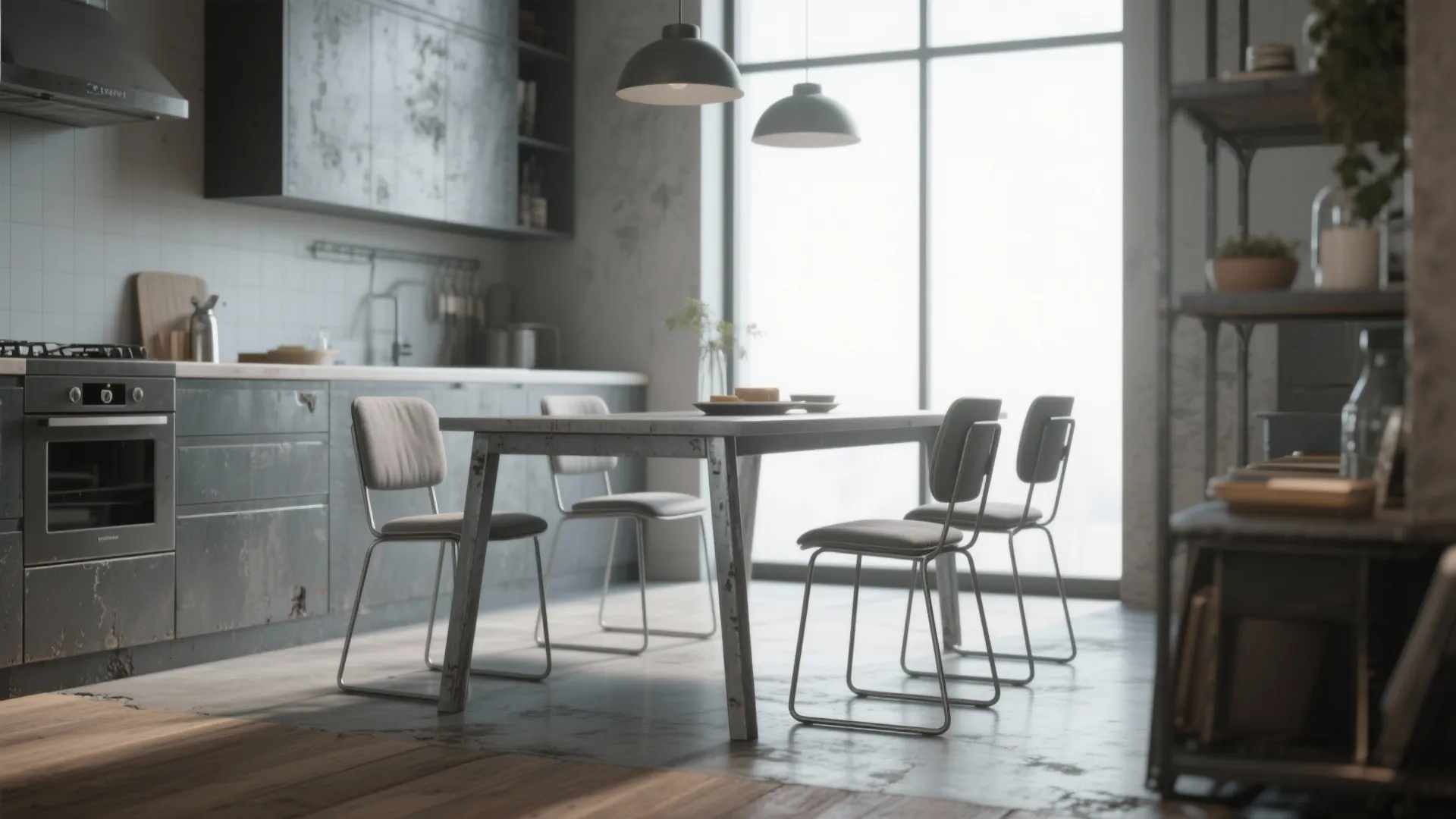 Industrial kitchen featuring grey cabinets metal dining table four grey chairs two grey ceiling lights