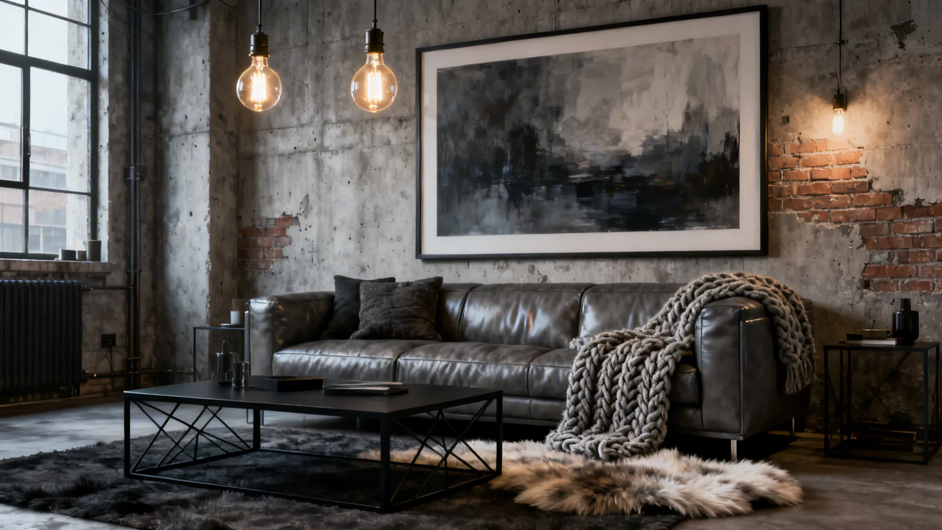 Industrial loft living room with a grey leather couch, metal table and moody abstract art