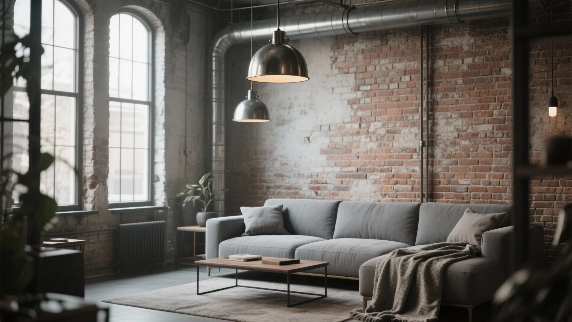 Industrial loft style living room with mid-grey sofa and exposed brick wall