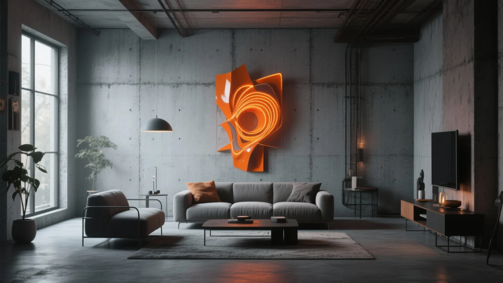 6. Industrial Grey Walls with Neon Orange Art