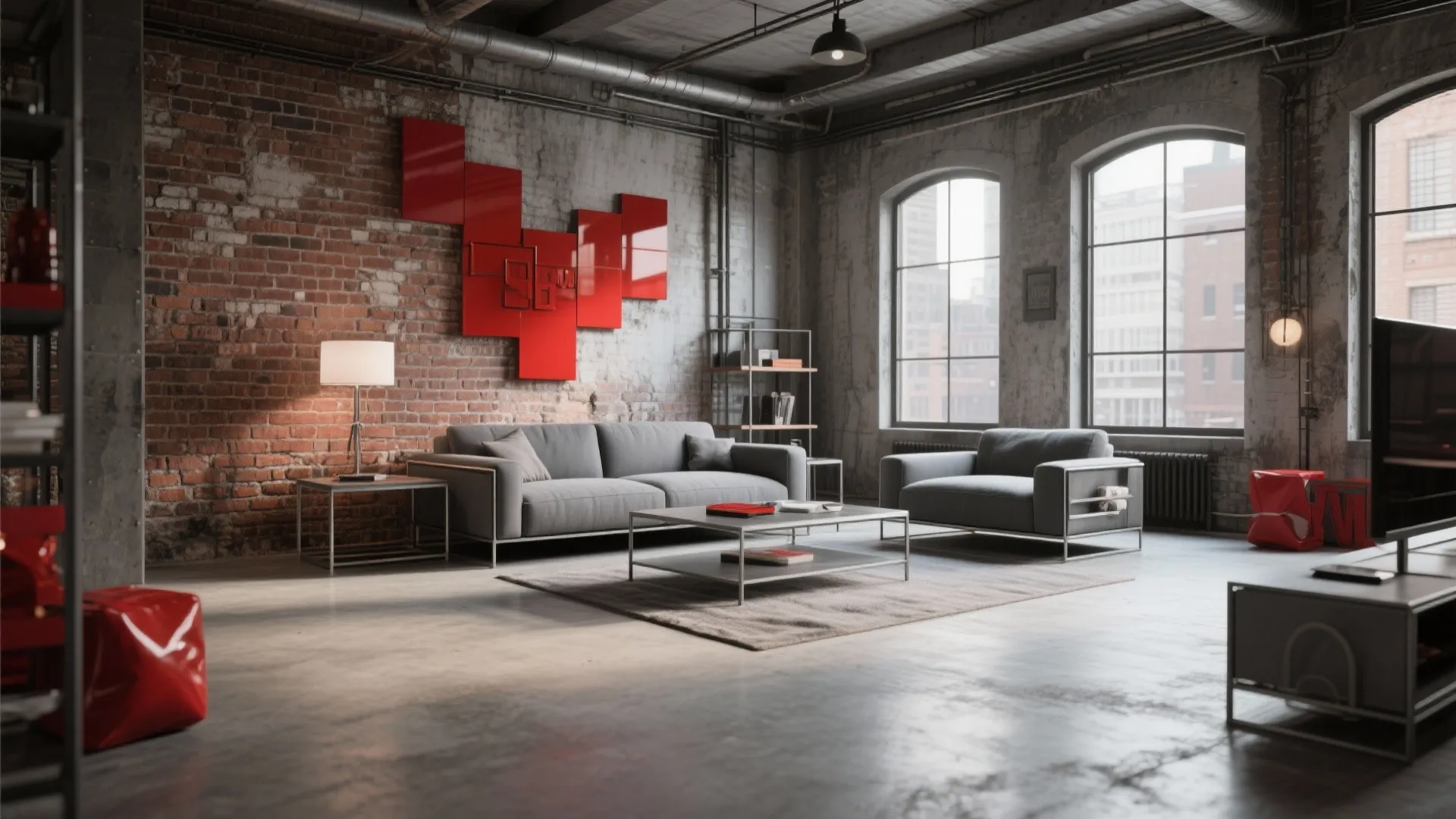 6. Industrial Grey Furniture with Red Accents
