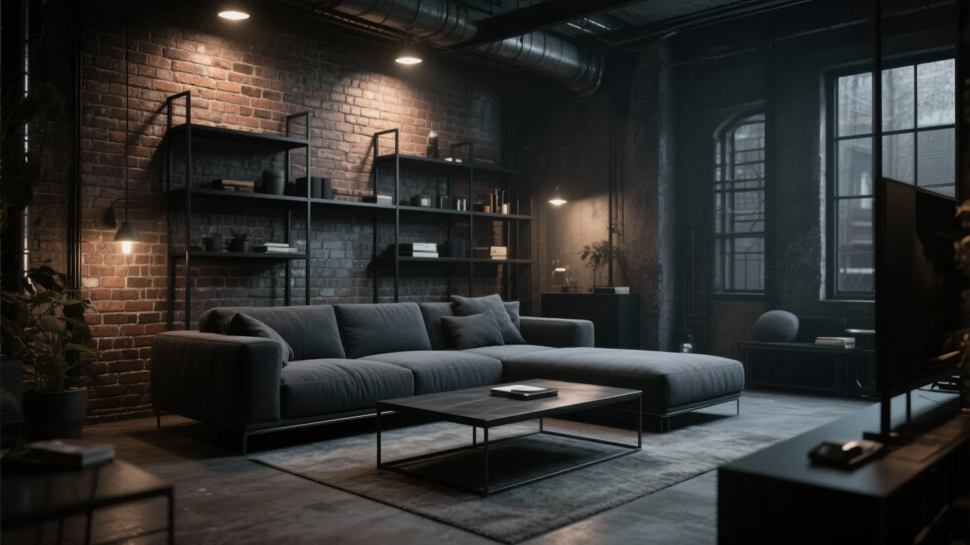 Industrial chic living room with charcoal grey sofa and exposed brick