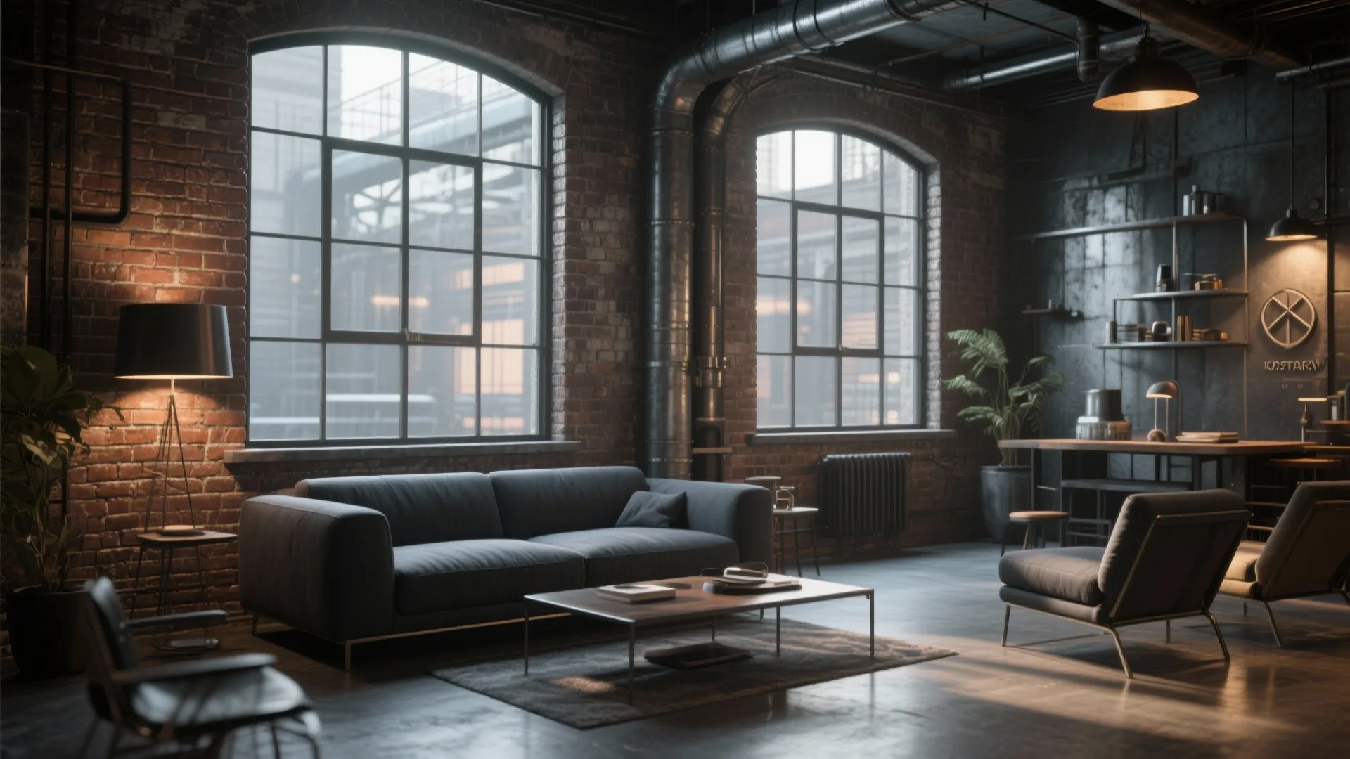 4. Industrial Loft Vibe with Dark Grey Sofa
