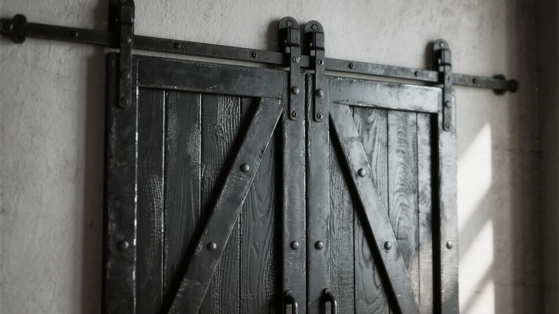 Black sliding wood doors with industrial metal track and black handles on a textured wall