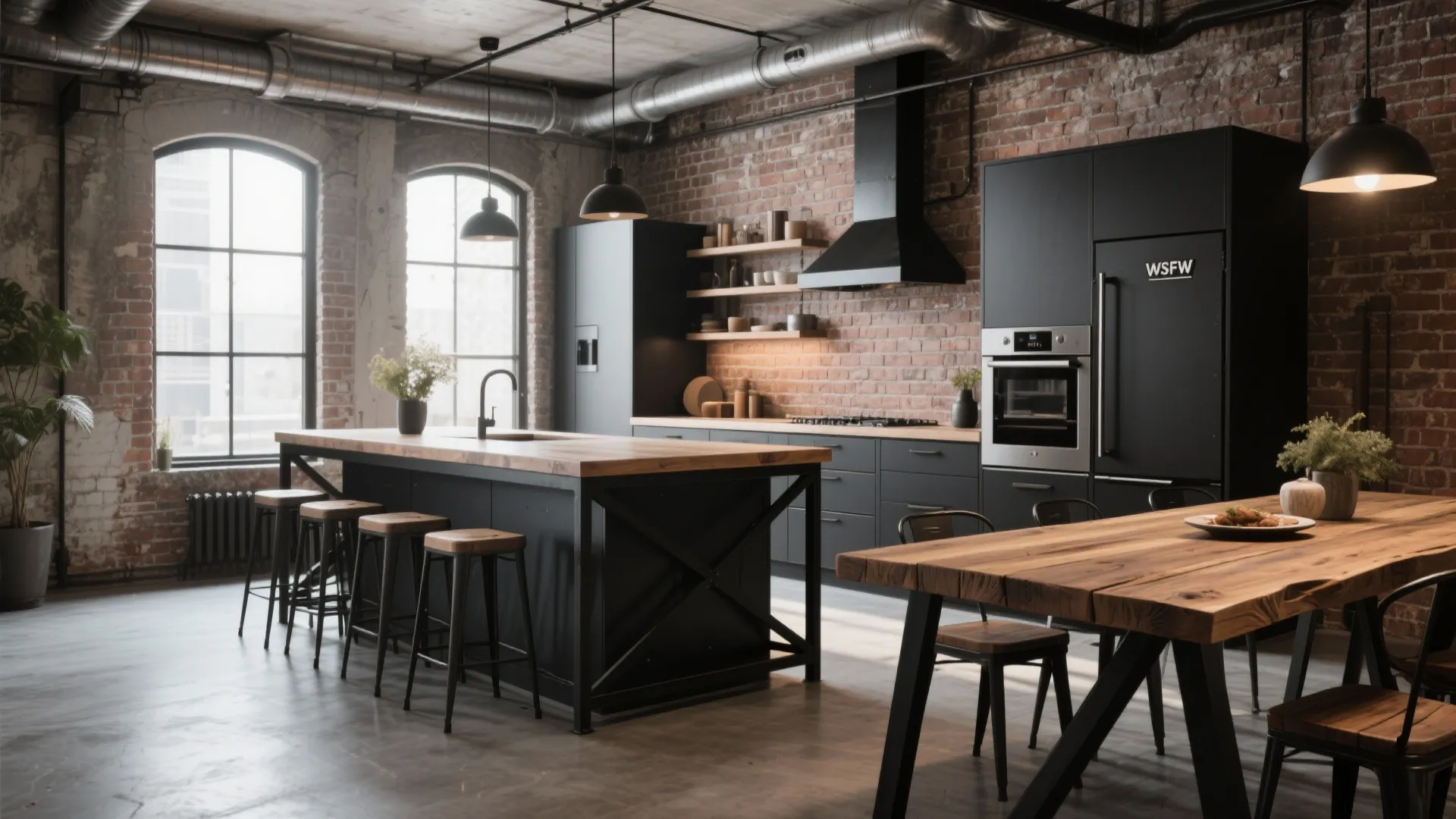 Industrial kitchen with red brick walls black cabinets large wooden island bar stools and black lights