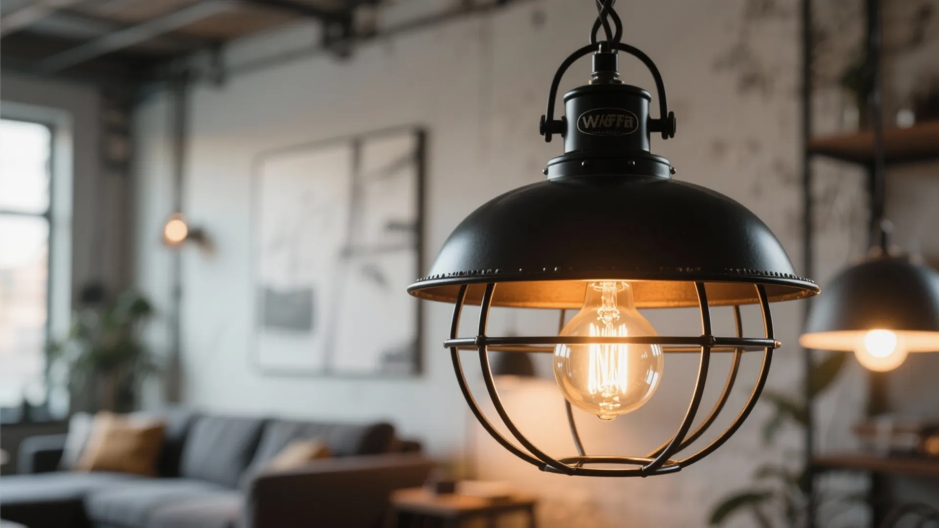 Industrial black metal ceiling light with exposed light bulb hanging in a modern living room