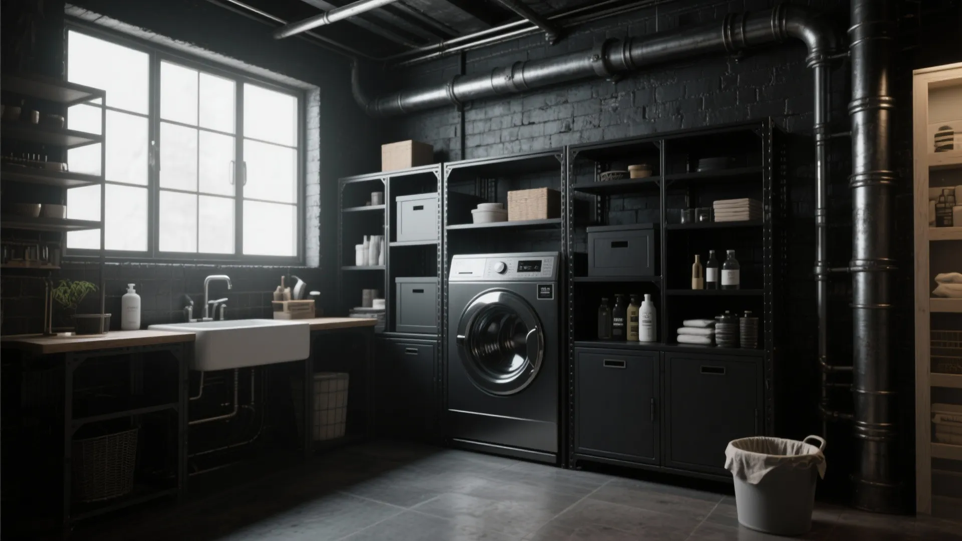 Industrial style laundry room with black brick walls metal shelves washing machine and white sink