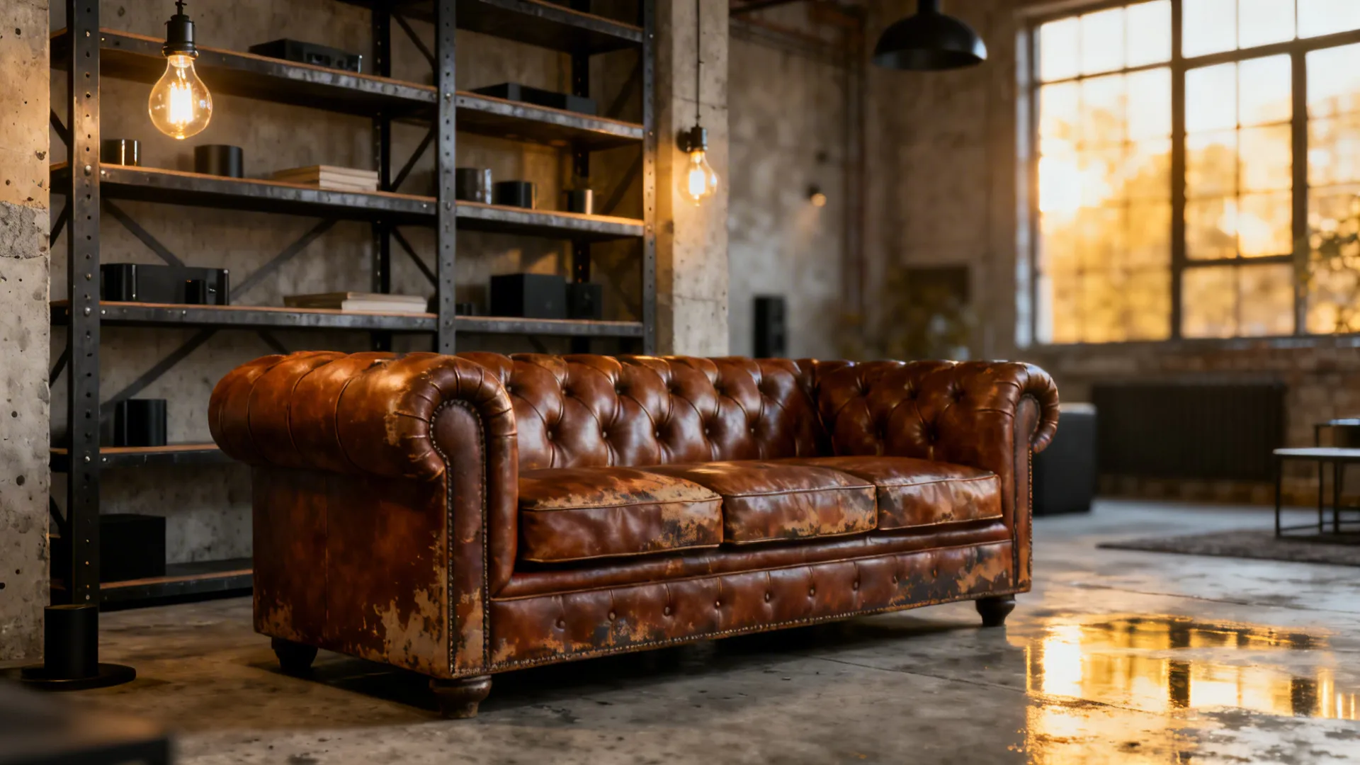 5. Leather Chesterfield with Industrial Elements