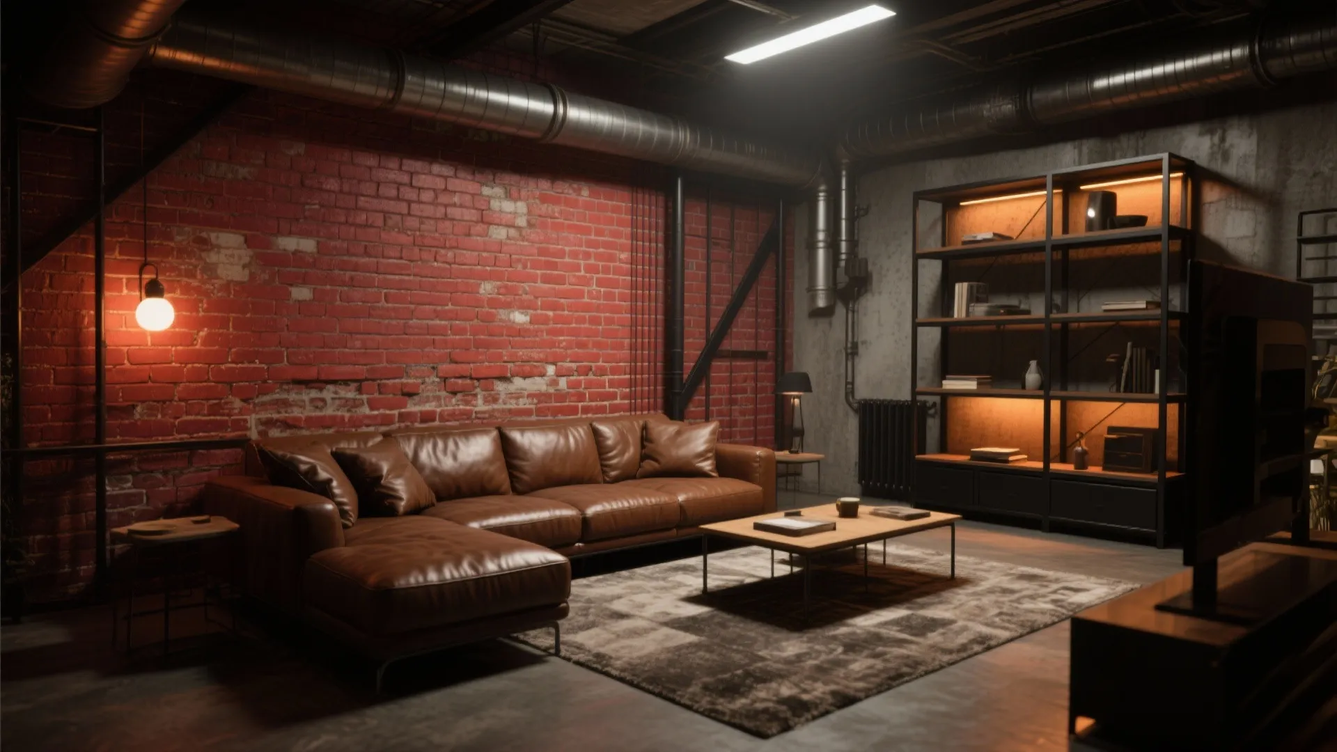 Industrial living room with brick wall and leather couch