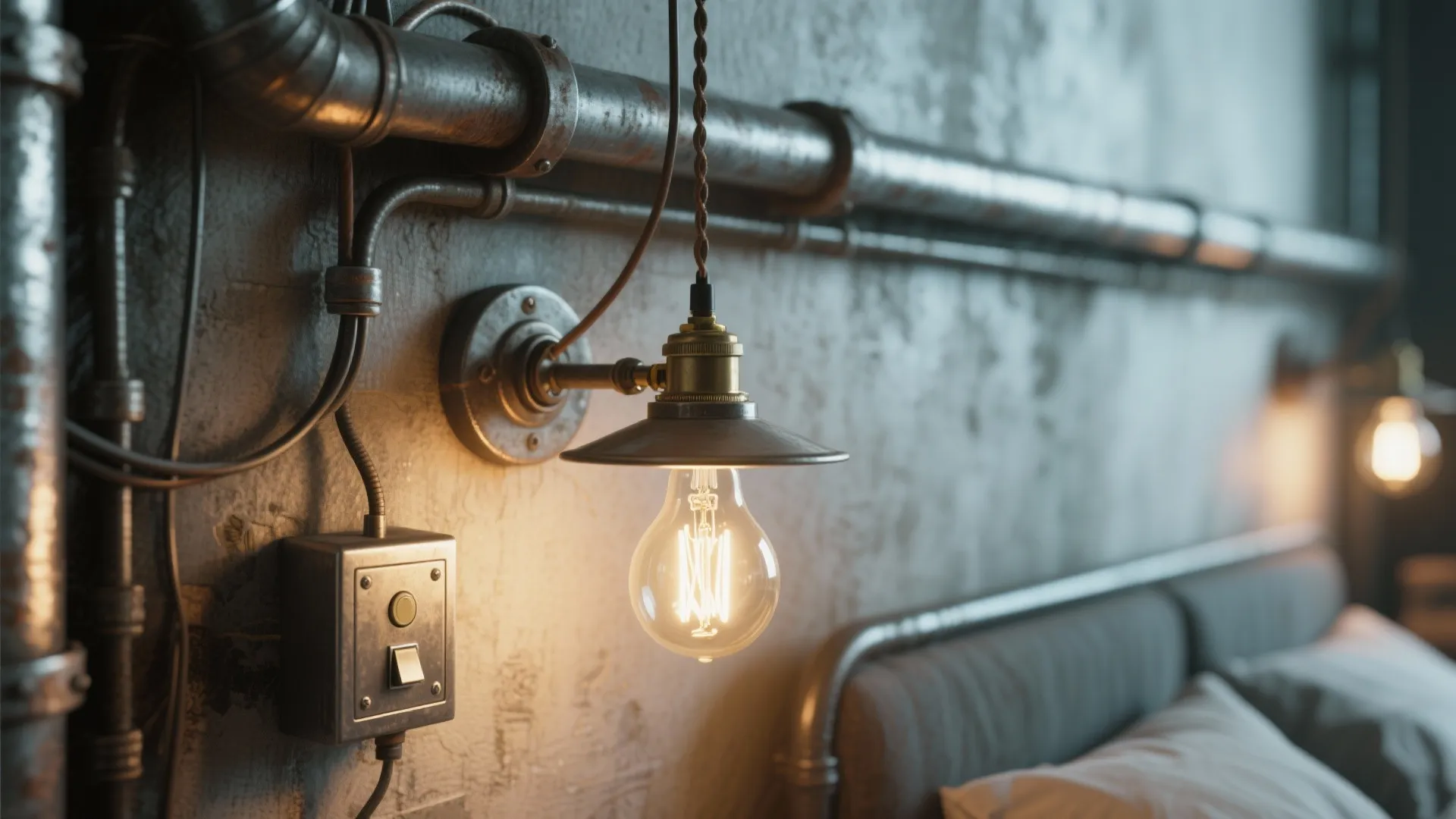 Industrial wall light with exposed bulb mounted on concrete wall with metal pipes and switch