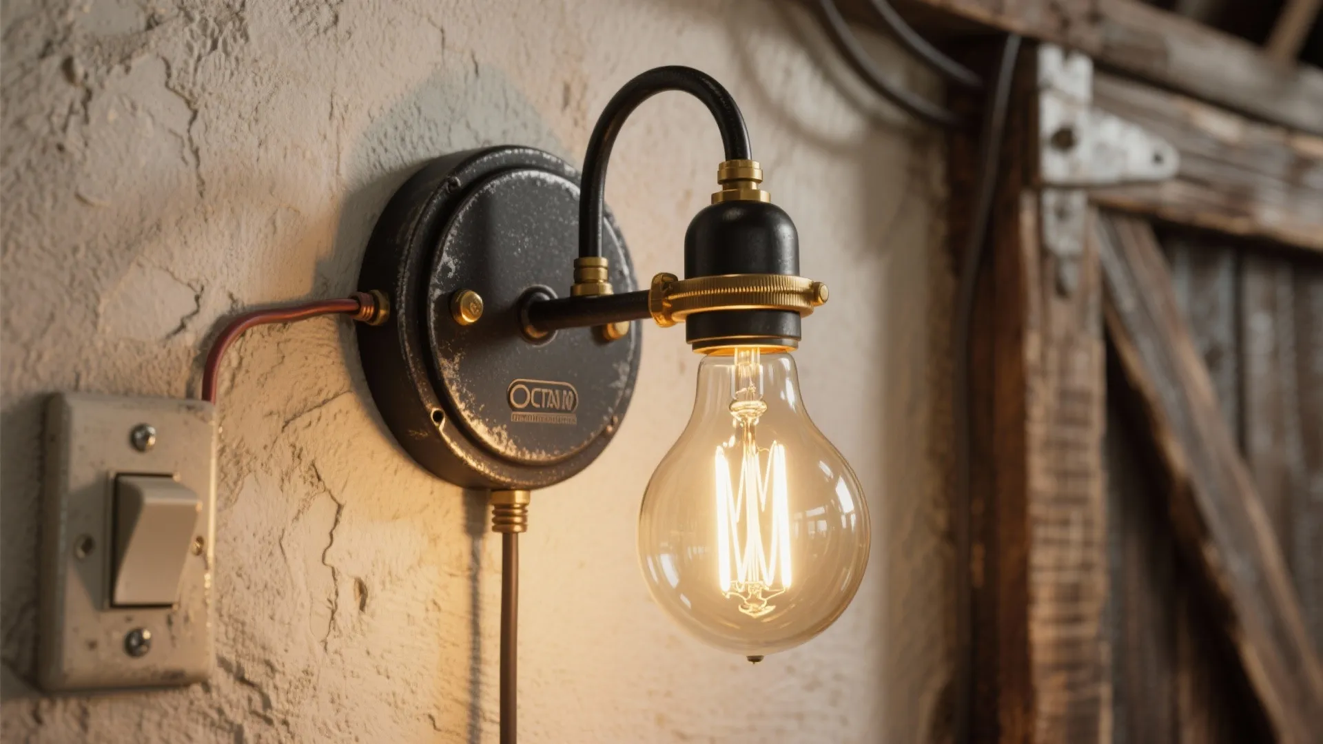 Industrial black wall light with a glowing light bulb mounted on a textured white wall
