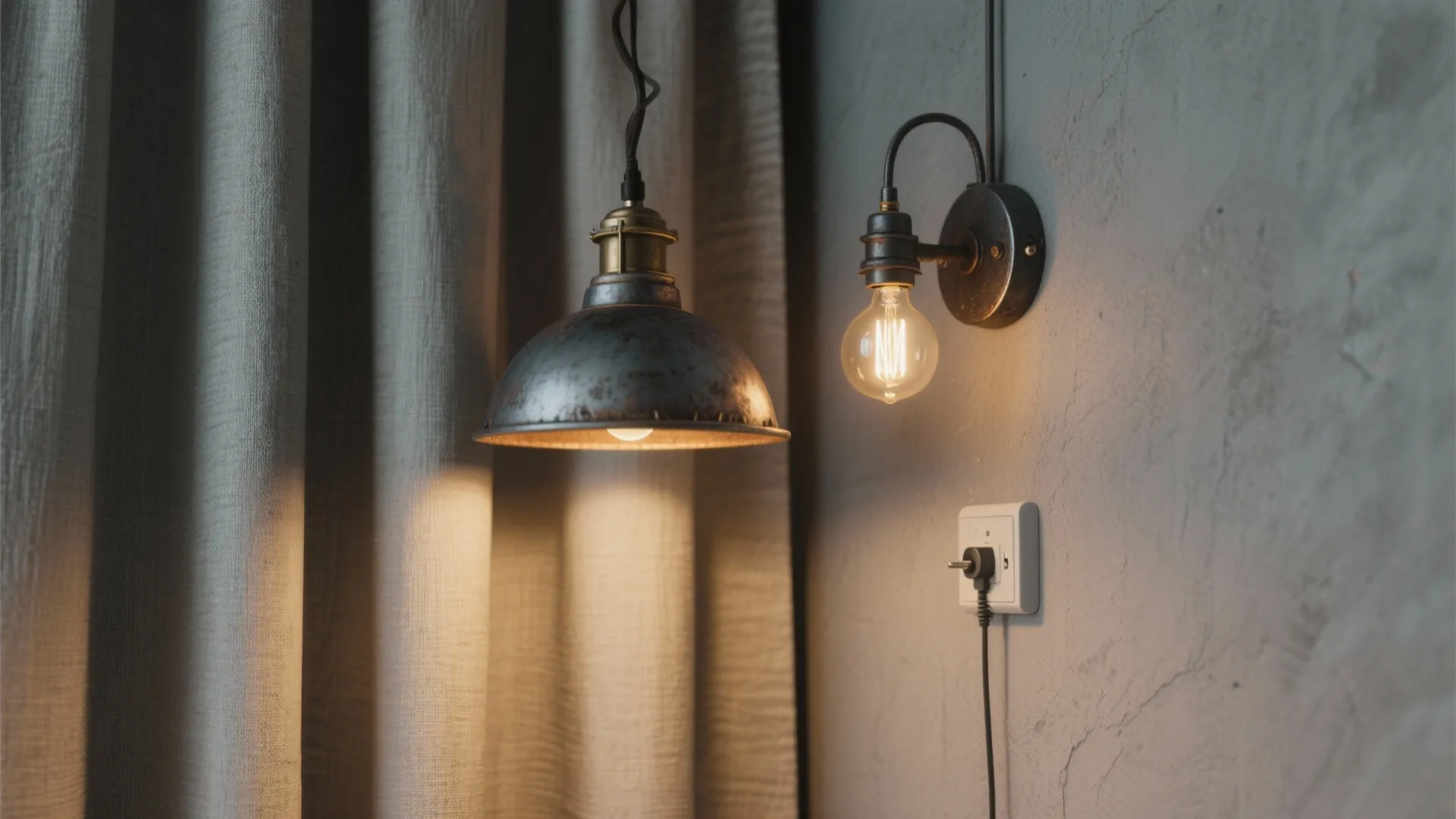 Metal hanging light and wall light fixture next to grey linen curtains and textured wall