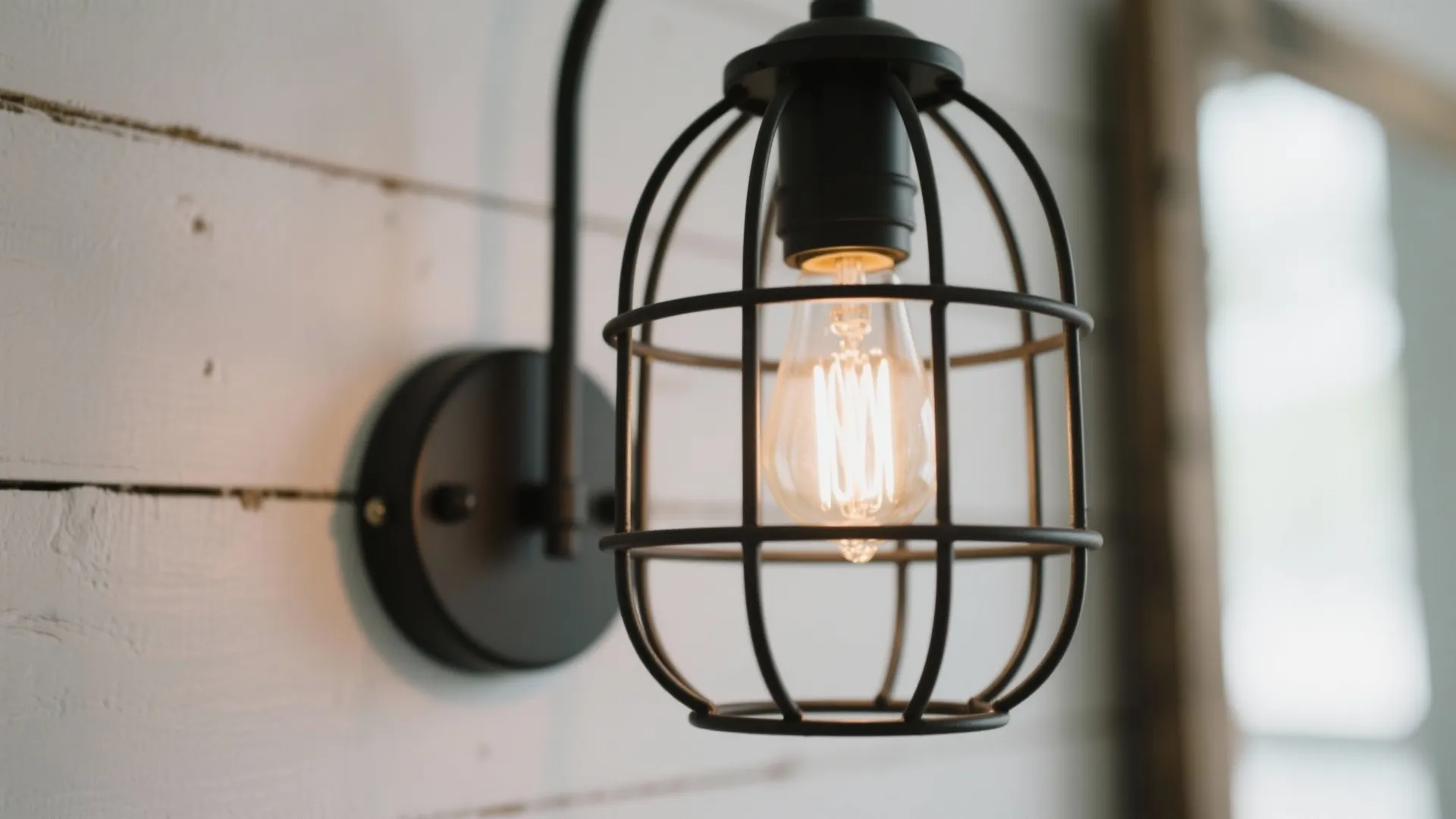 Black industrial wall light with metal cage design and glowing bulb on white wooden wall