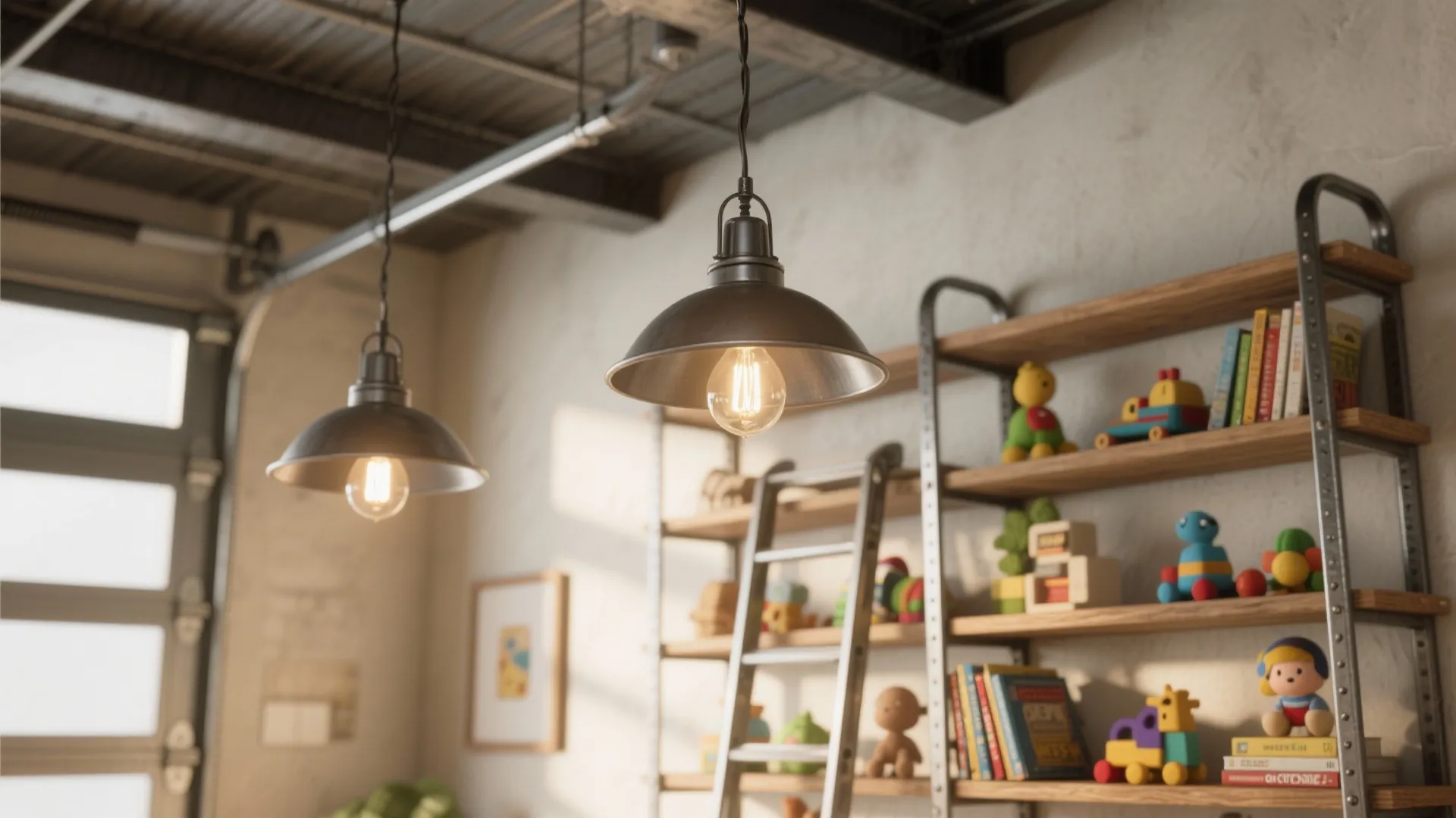 3. Industrial Lighting and Garage-Style Shelving