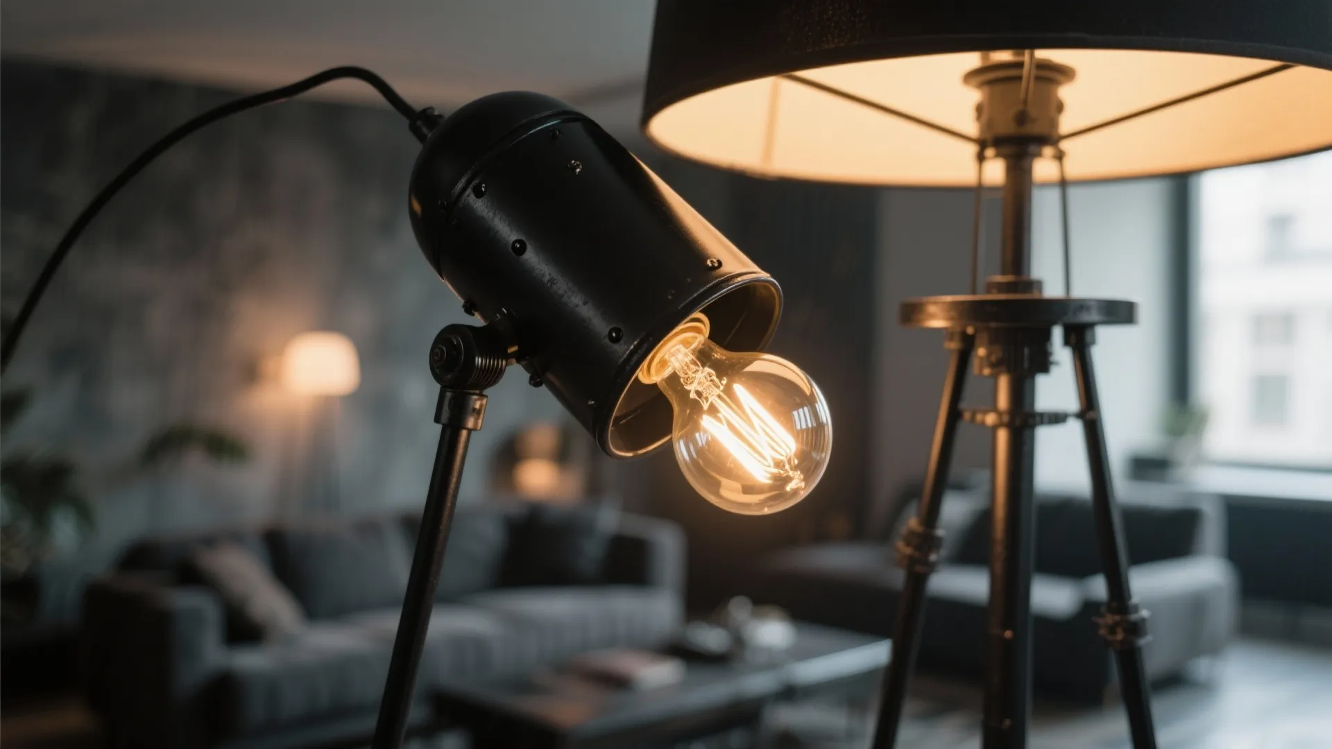 Close-up of a matte black Edison bulb floor lamp