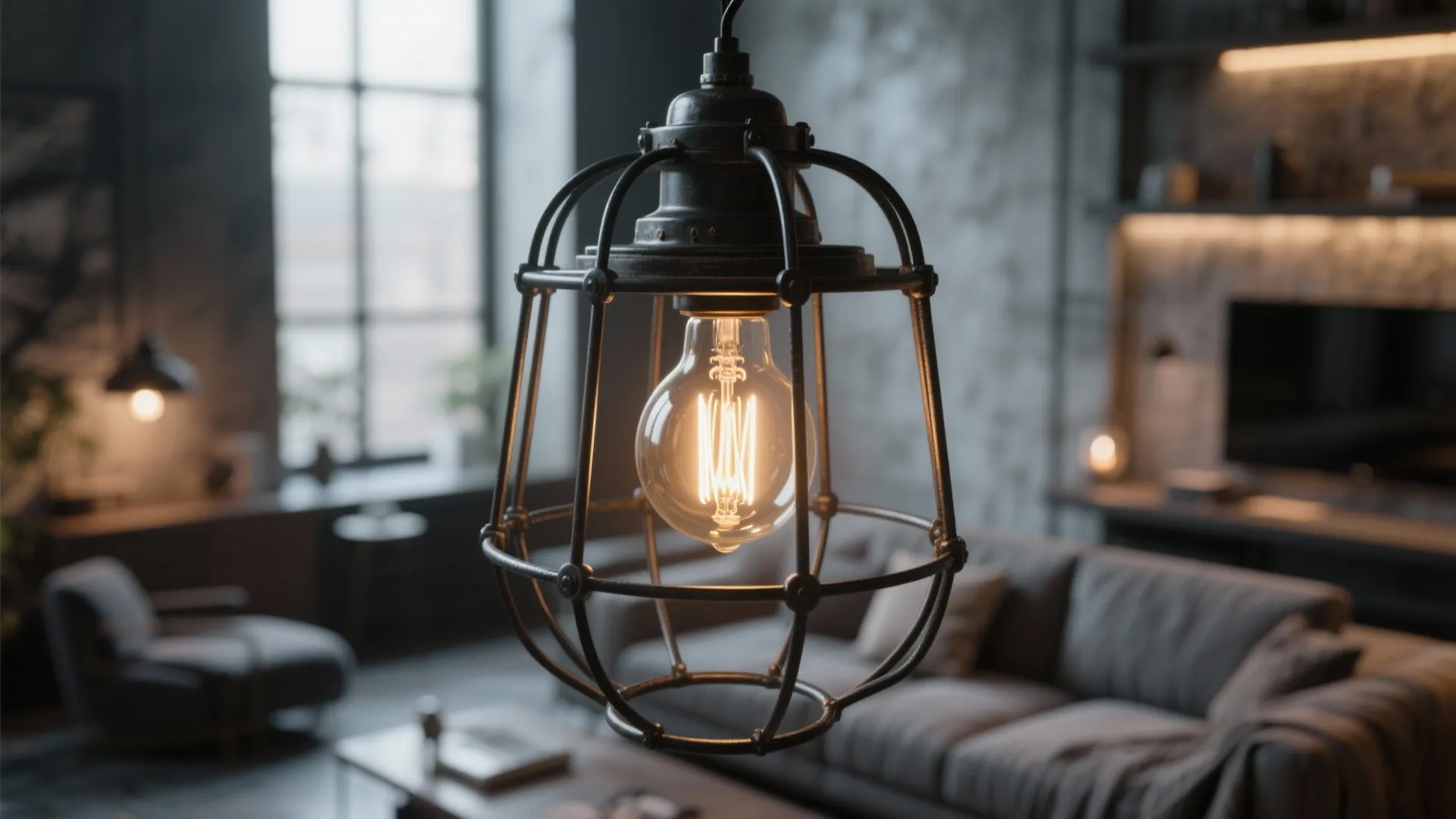 Black metal cage ceiling light with a glowing light bulb in a modern living room