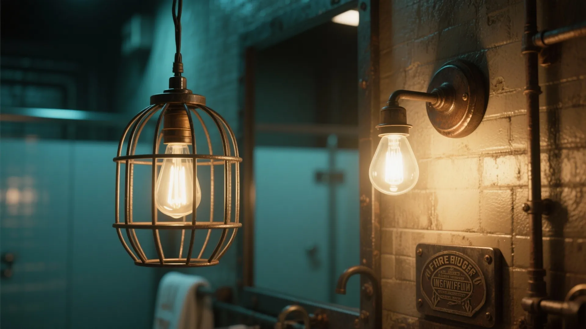 Industrial cage pendant light and wall sconce in firefighter bathroom