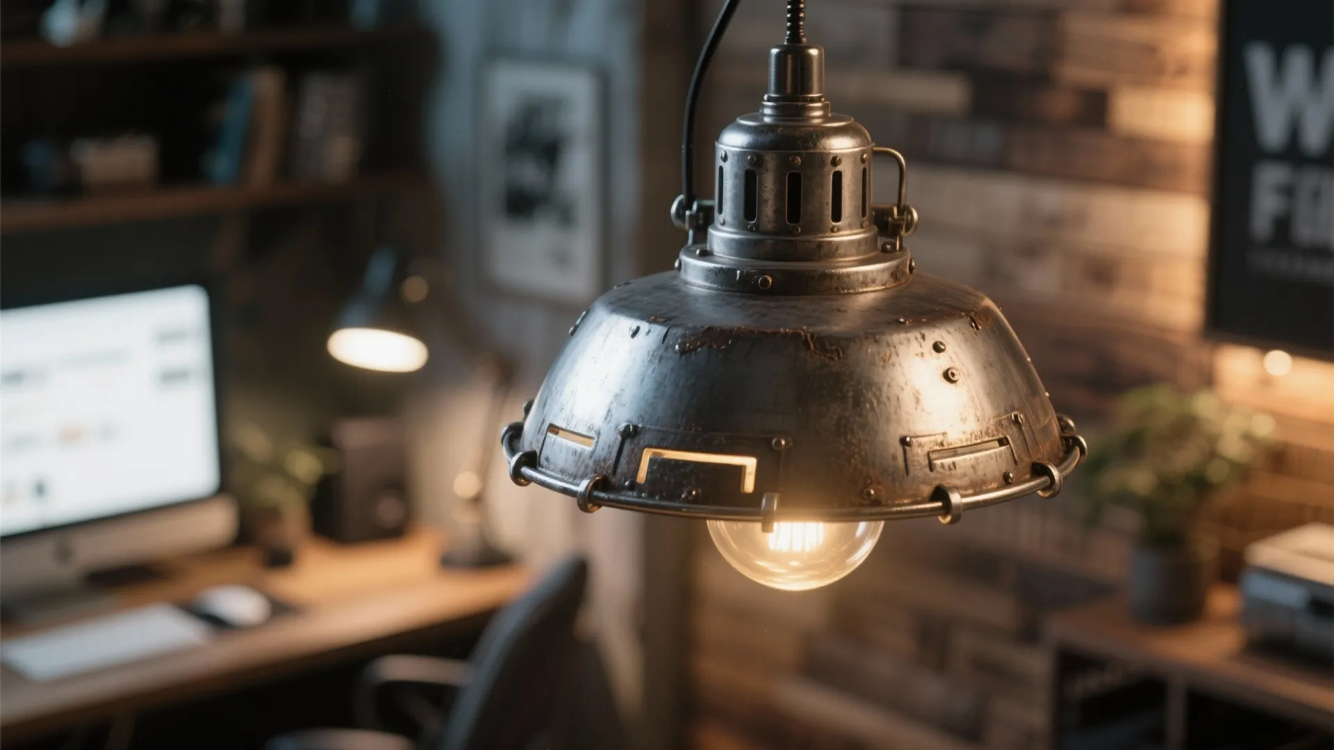 Industrial metal pendant light with warm glow