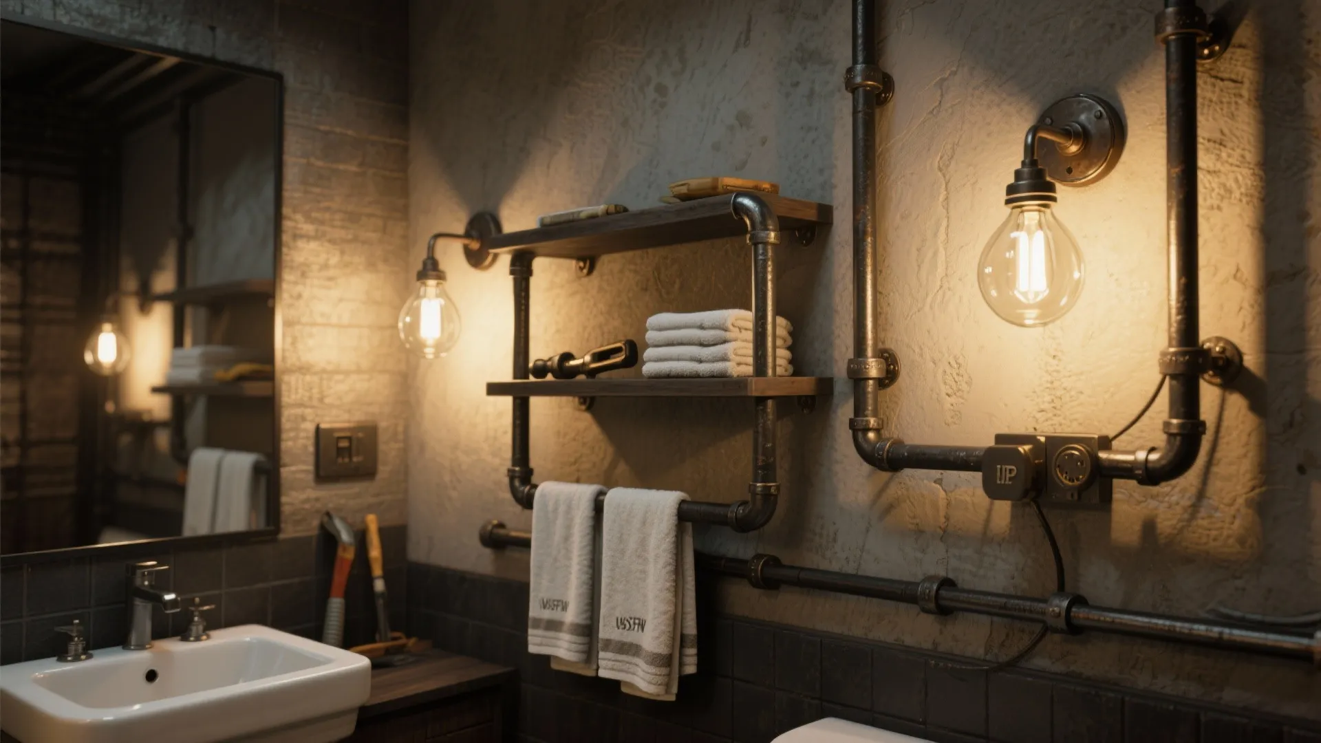 3. Industrial Lighting and Exposed Pipe Shelves