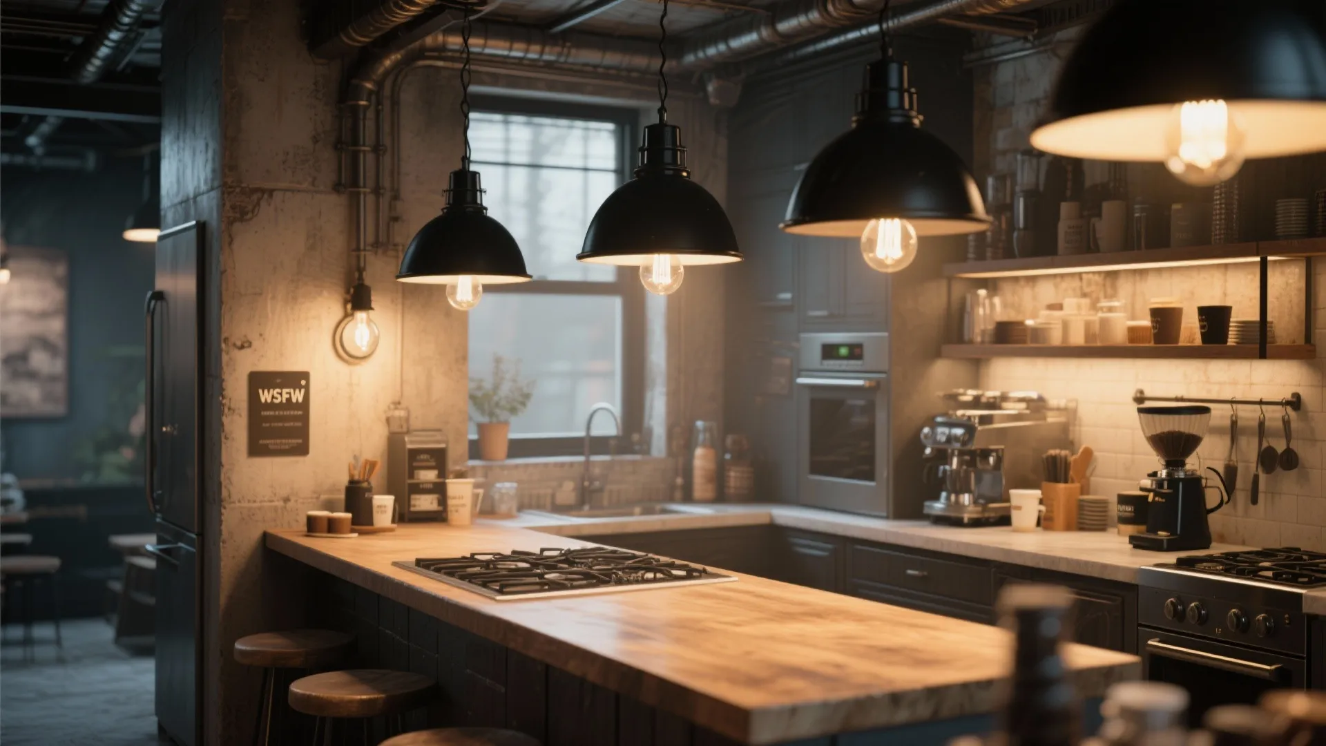 Industrial pendant lights above coffee counter