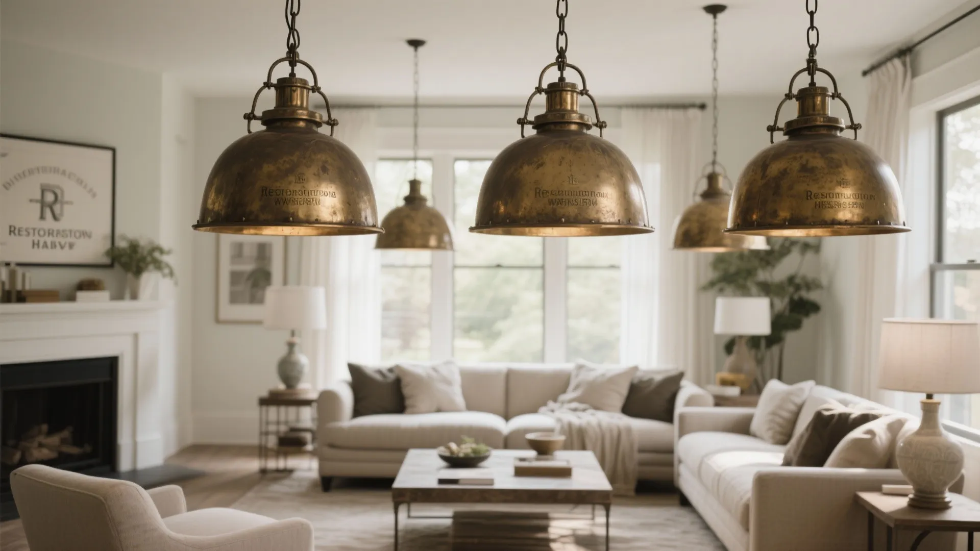 Industrial aged brass pendant lights above neutral living room furniture