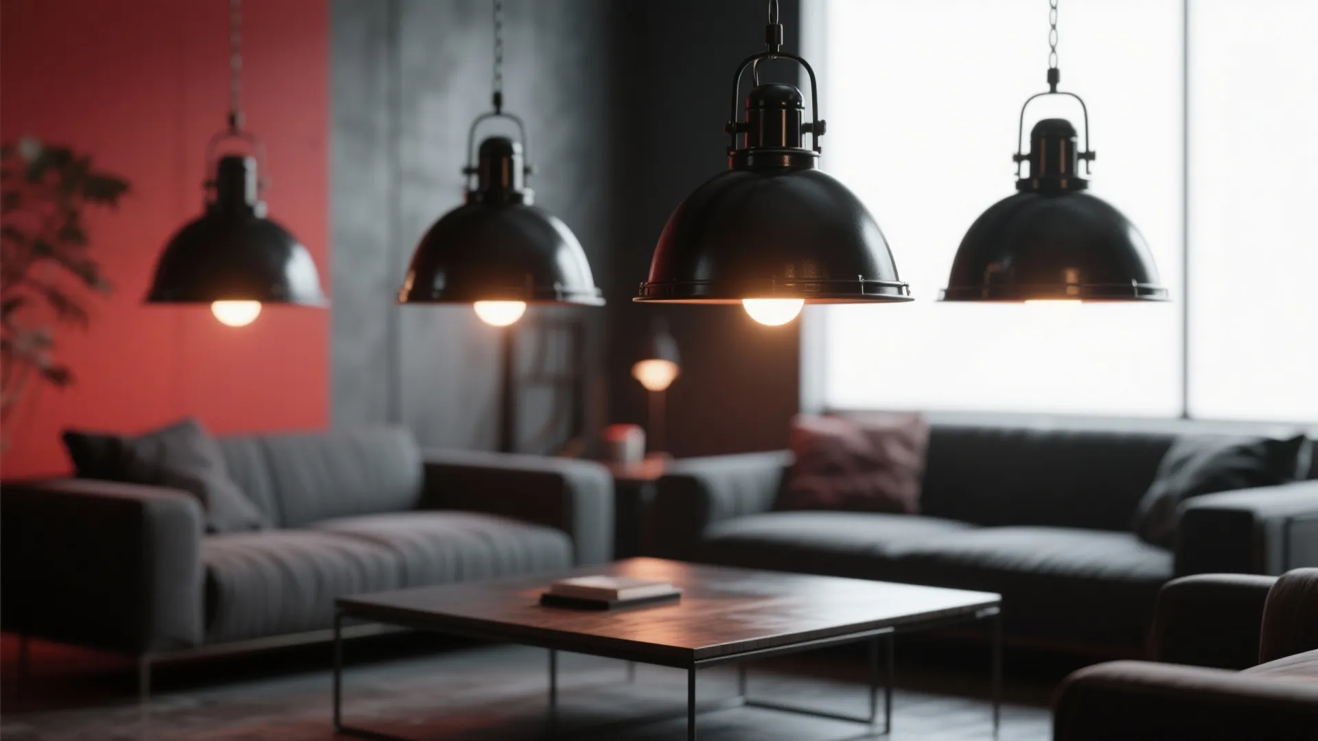 Three black ceiling lights hanging in modern living room with gray sofa and coffee table