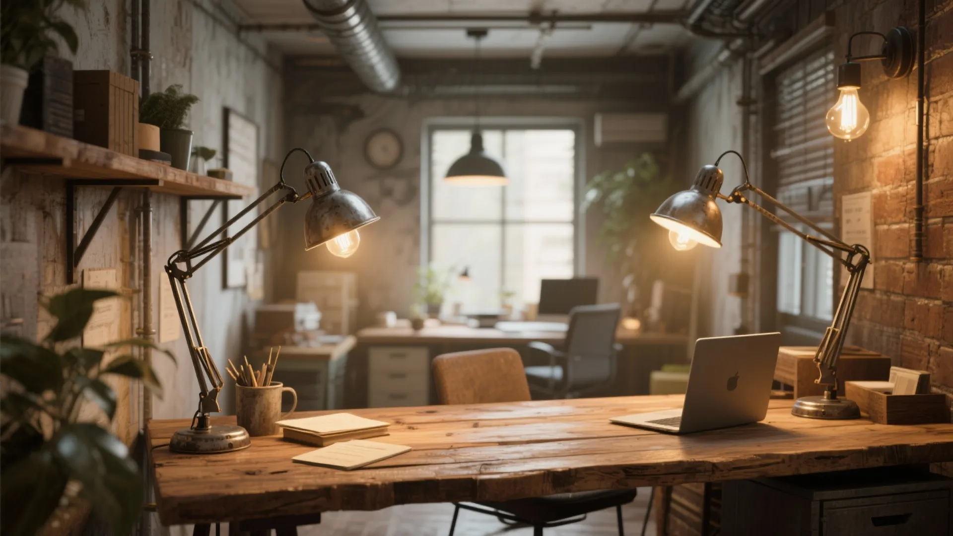 Industrial workspace with wooden desk two metal desk lamps laptop and brick walls with warm lighting