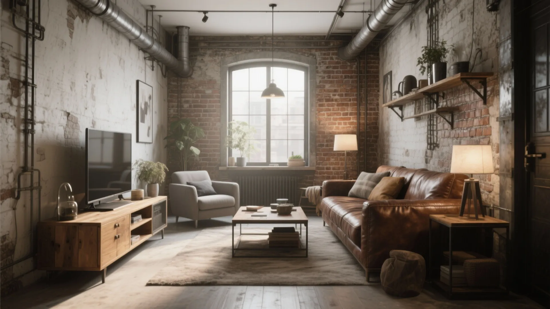 Industrial living room with brown leather sofa wooden coffee table brick wall and exposed ceiling pipes