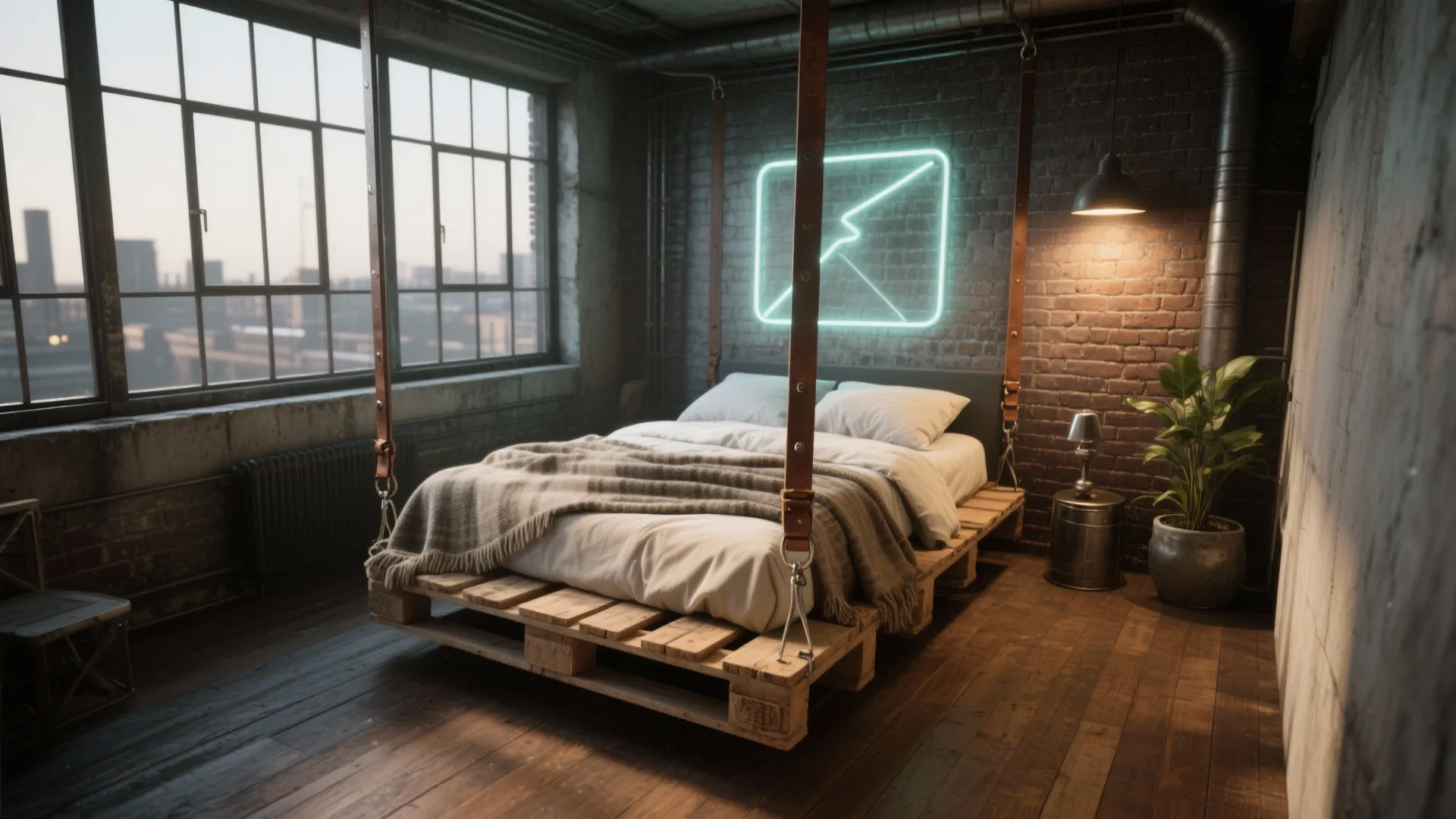 Industrial bedroom with wooden pallet bed neon wall light brick walls and large metal windows