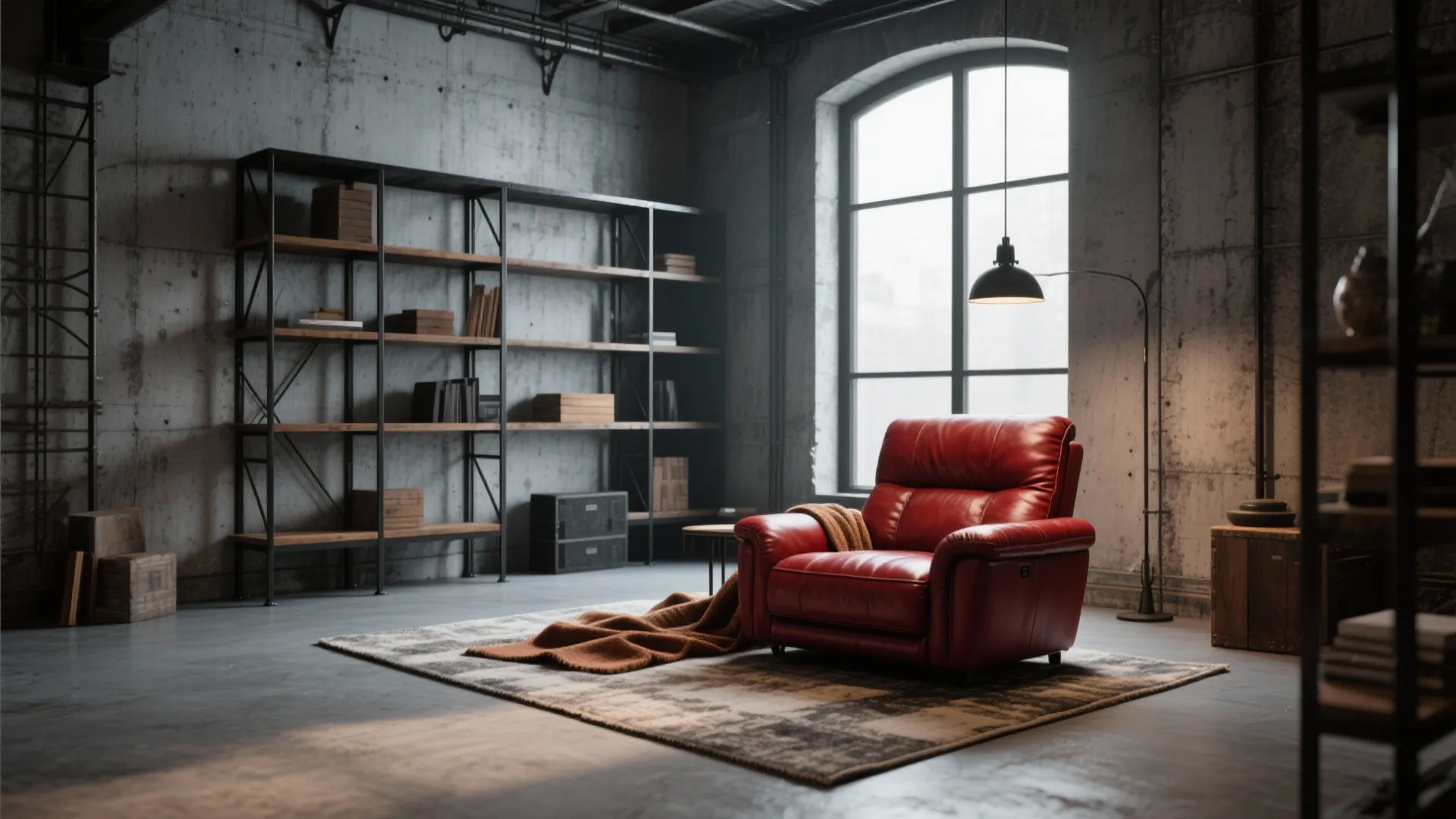 3. Industrial Concrete Grey + Black Metal + Deep Red Leather