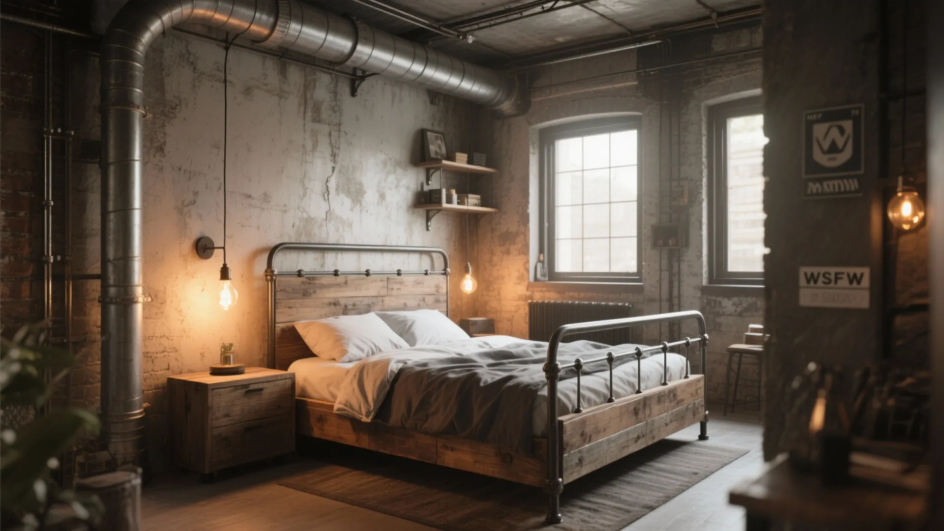 Industrial style bedroom with brick walls exposed metal pipes wooden bed frame and warm lighting