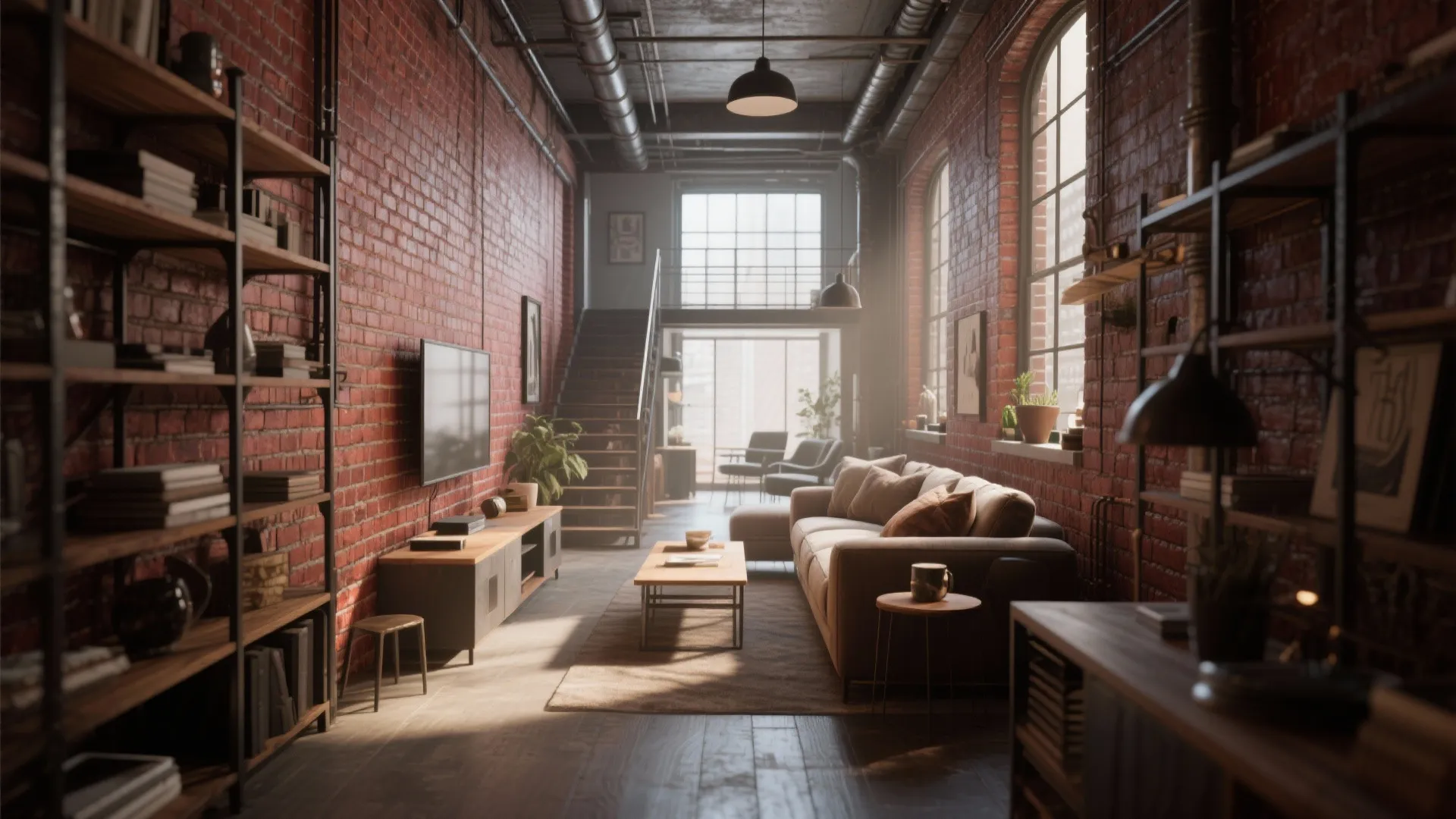 Industrial living room with red brick walls sofa large windows wooden floor stairs and ceiling light