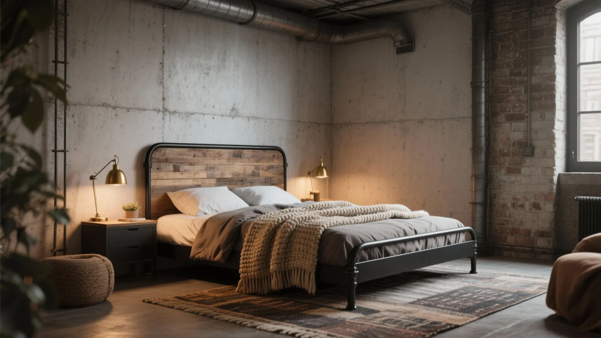Industrial style bedroom featuring concrete walls with exposed pipes and a wooden headboard bed frame