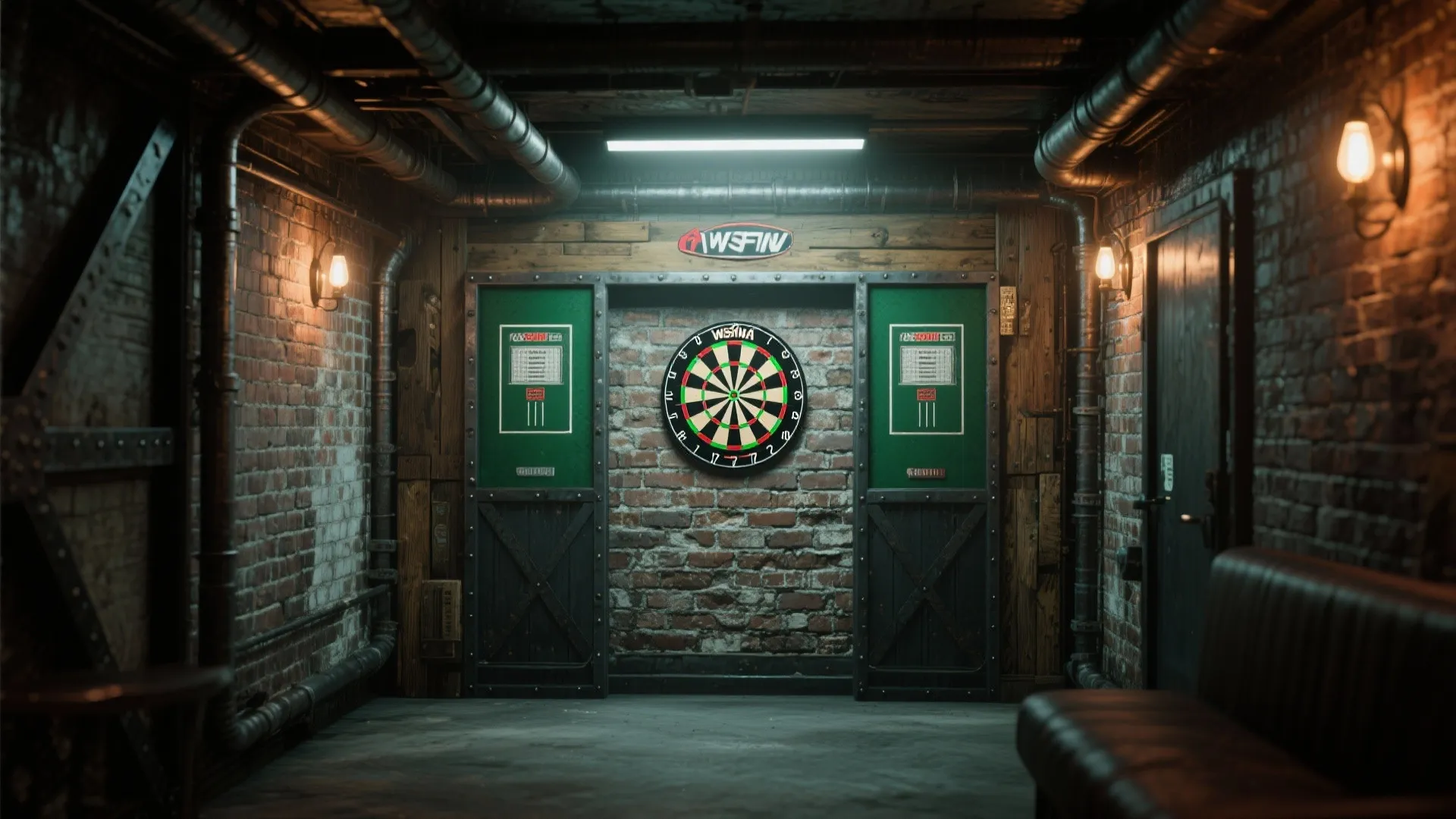 Industrial basement room with brick walls, exposed ceiling pipes, central dartboard, and warm wall lights