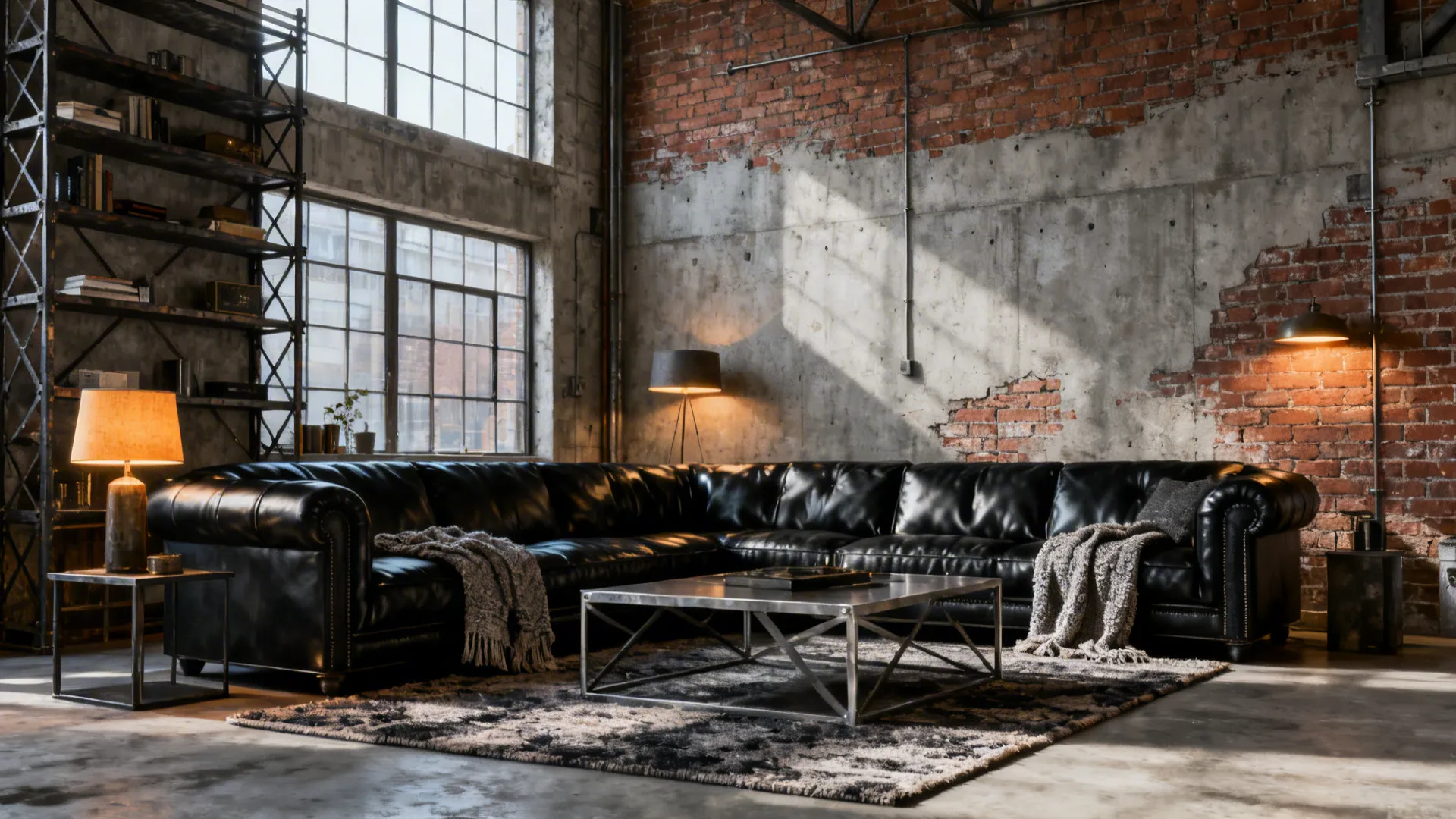Industrial loft living room with black leather sectional, exposed brick and mixed metal accents