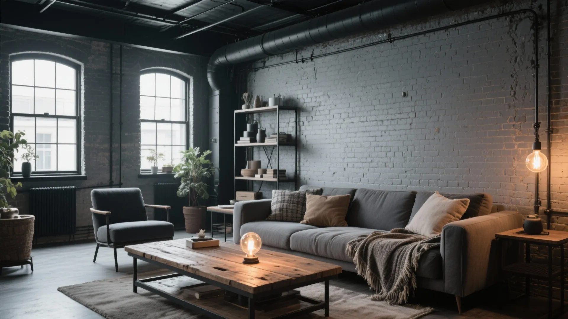 Gray industrial loft living room with metal and wood elements