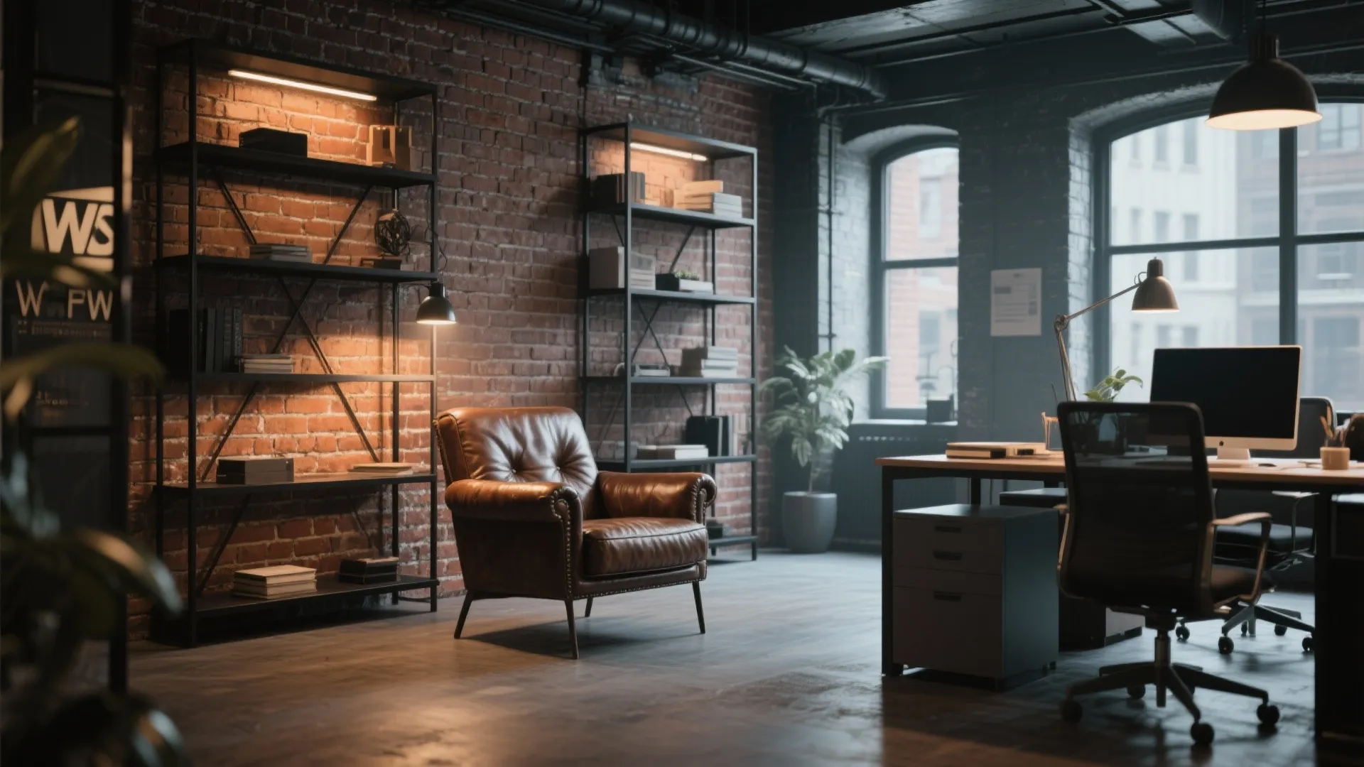 Industrial office with red brick wall leather chair black metal shelves wooden floor and desk