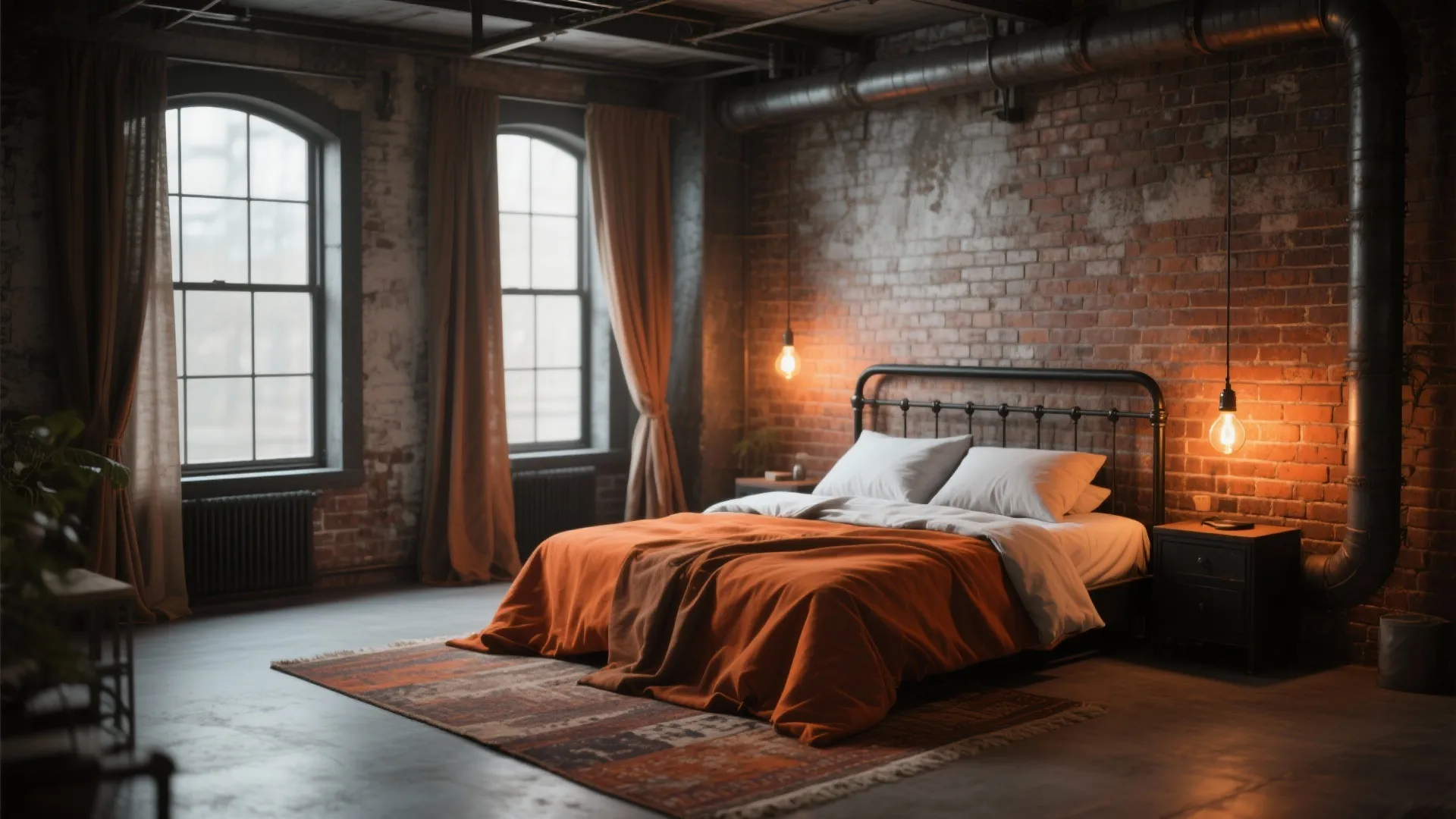 Industrial loft bedroom with black metal frame and terracotta accents