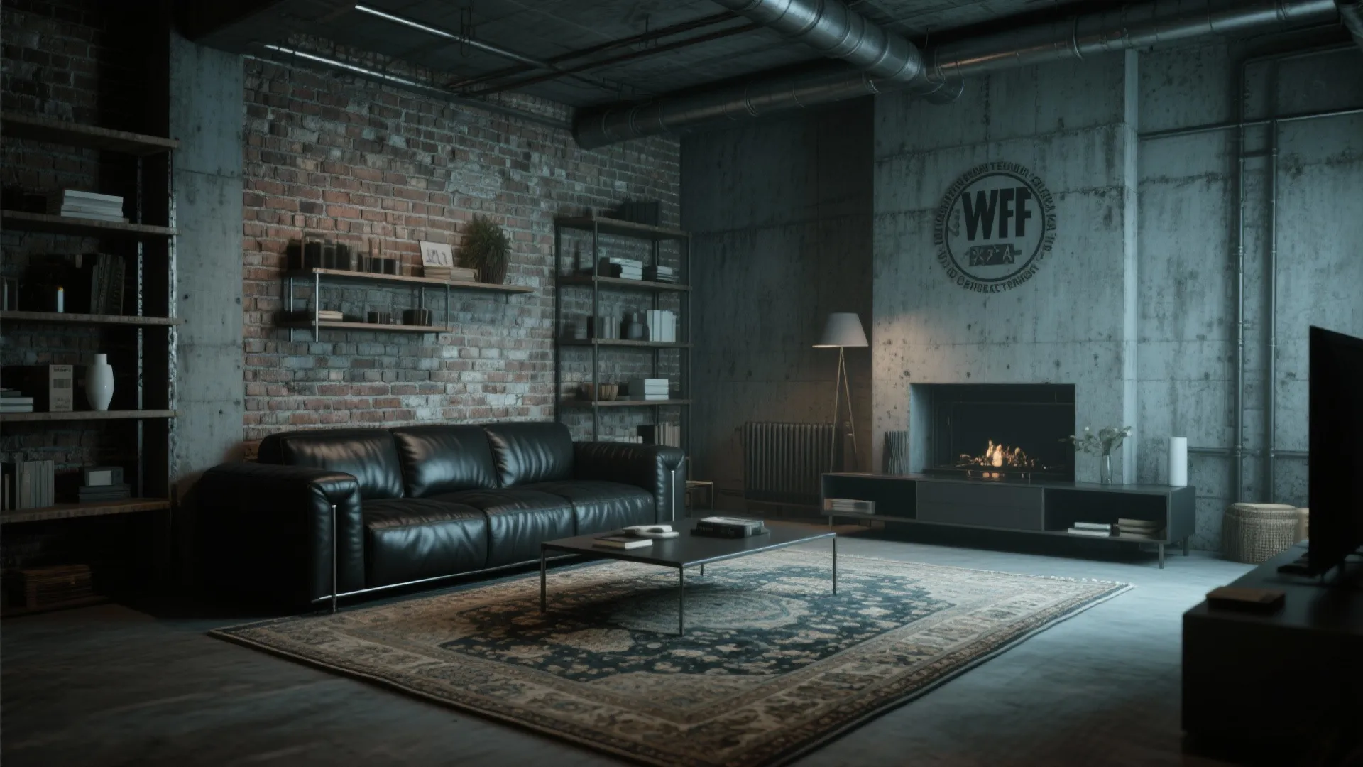 Industrial style living room with brick walls and black leather sofa and a small fireplace