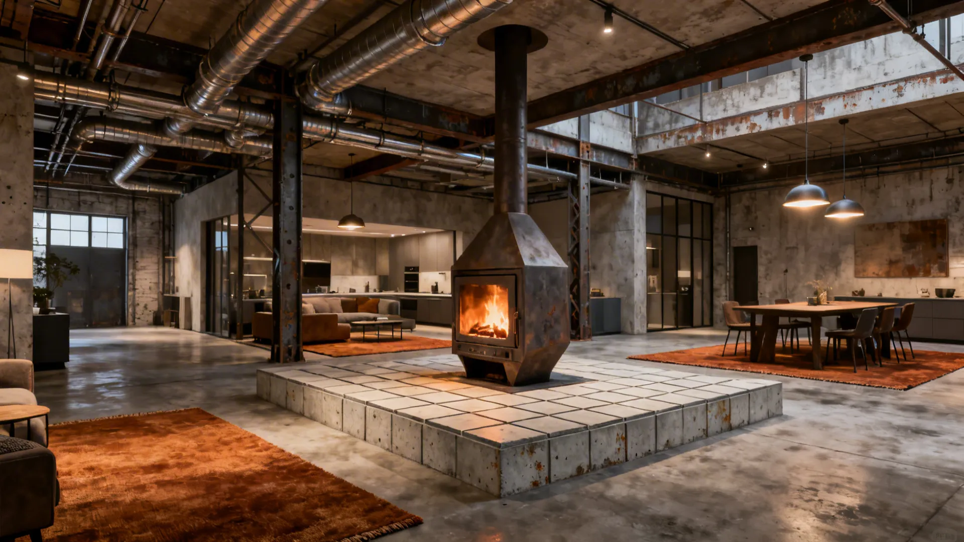 Industrial loft with freestanding stove on raised concrete platform and exposed ductwork.