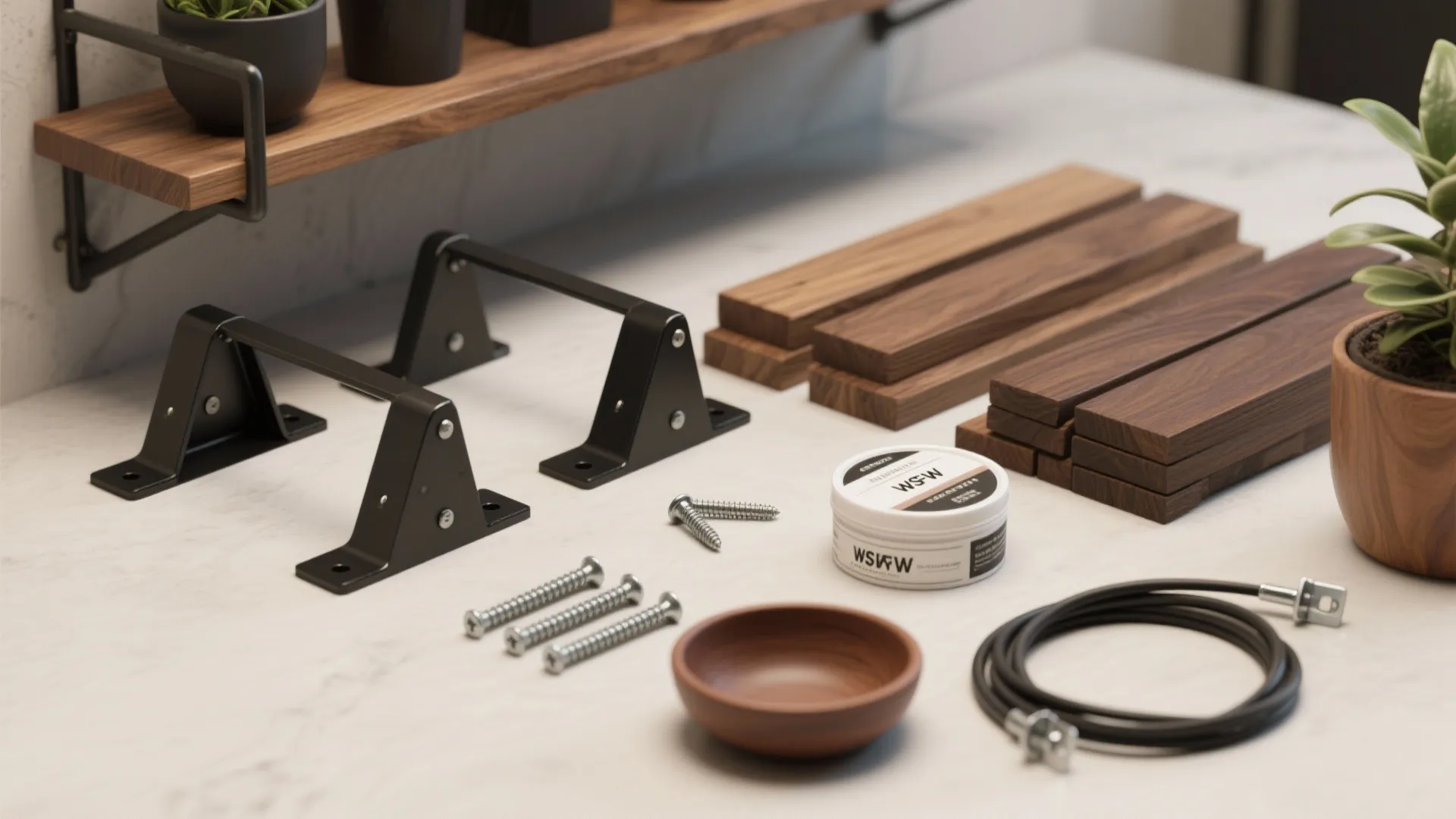 Bracketed industrial shelves with plants