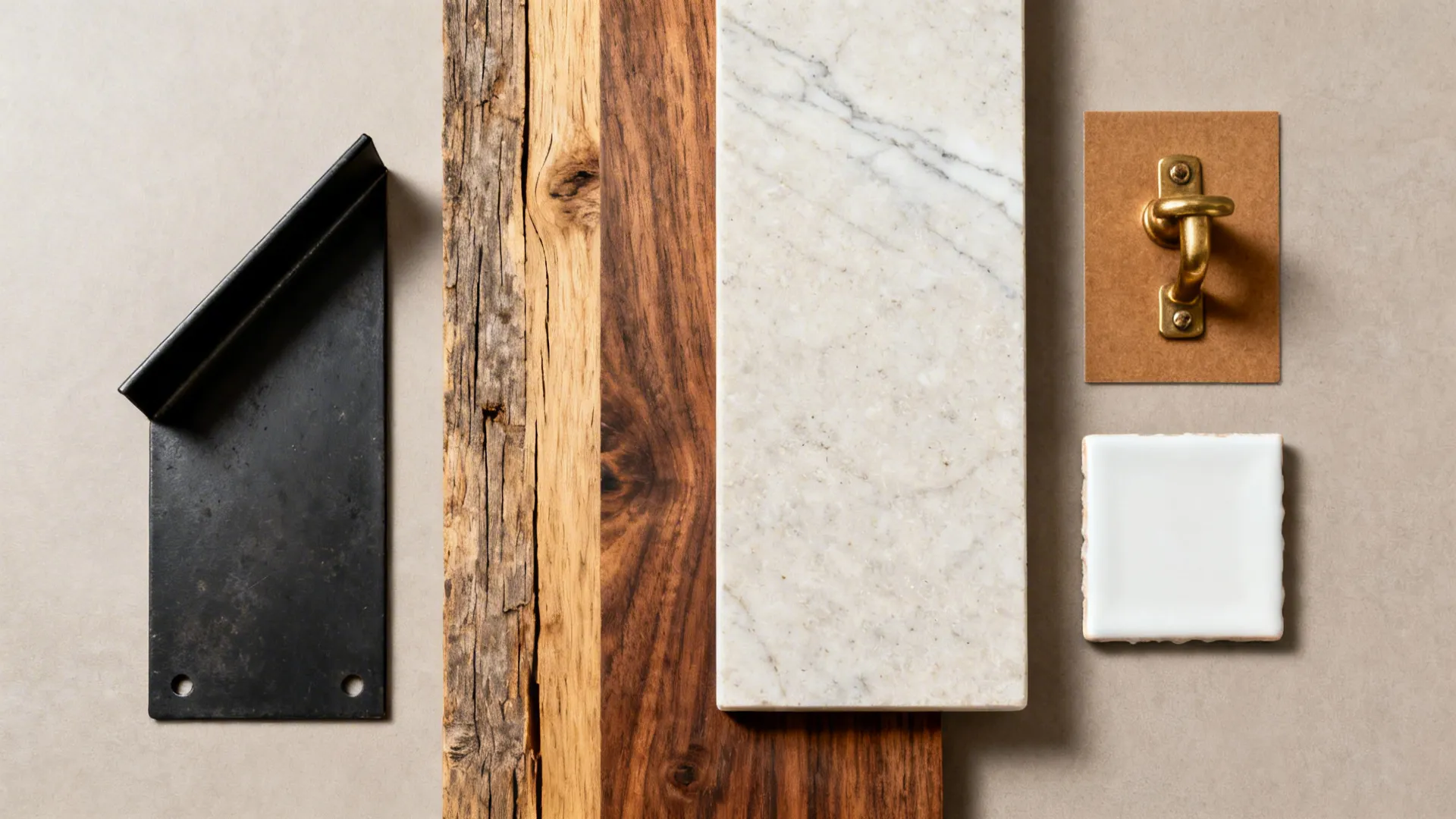 Top-down flat lay of steel angle, reclaimed wood boards, light quartz, brass, and white tile.