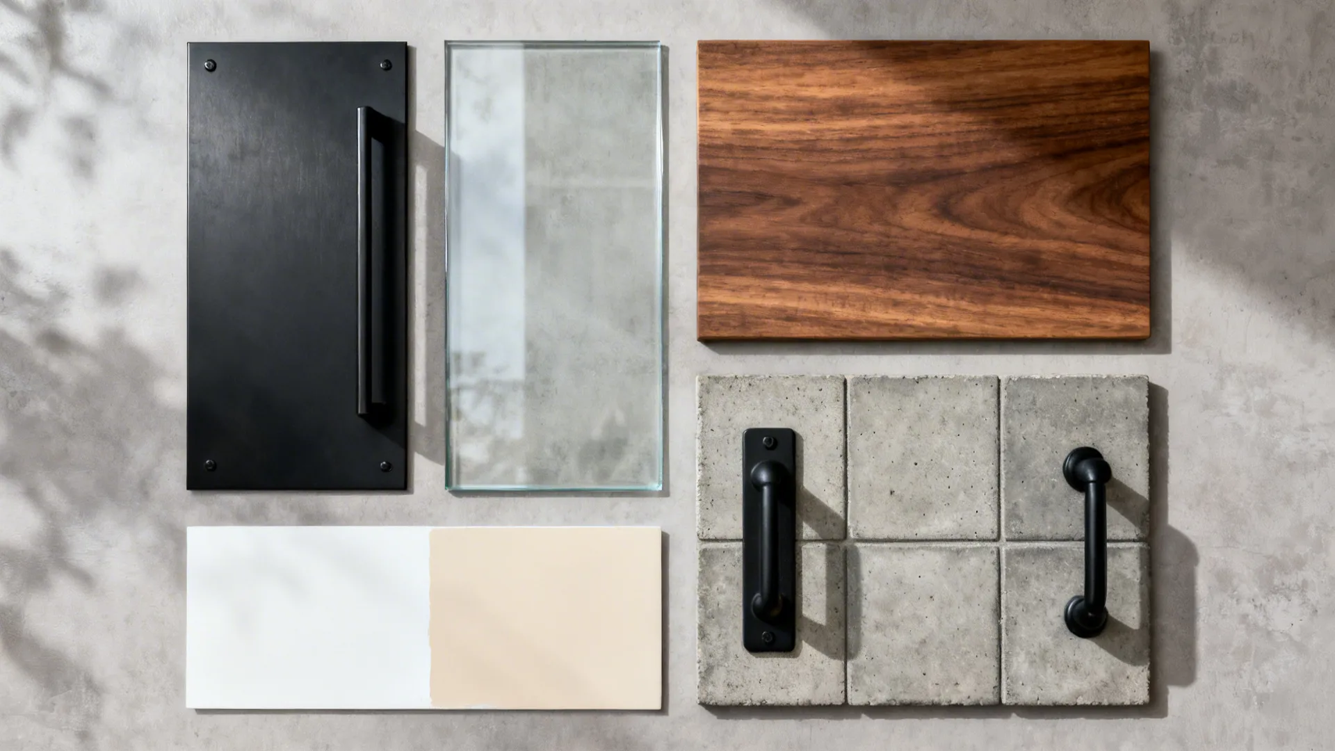 Material board showing wood sample glass panel black metal handles and various stone wall tiles