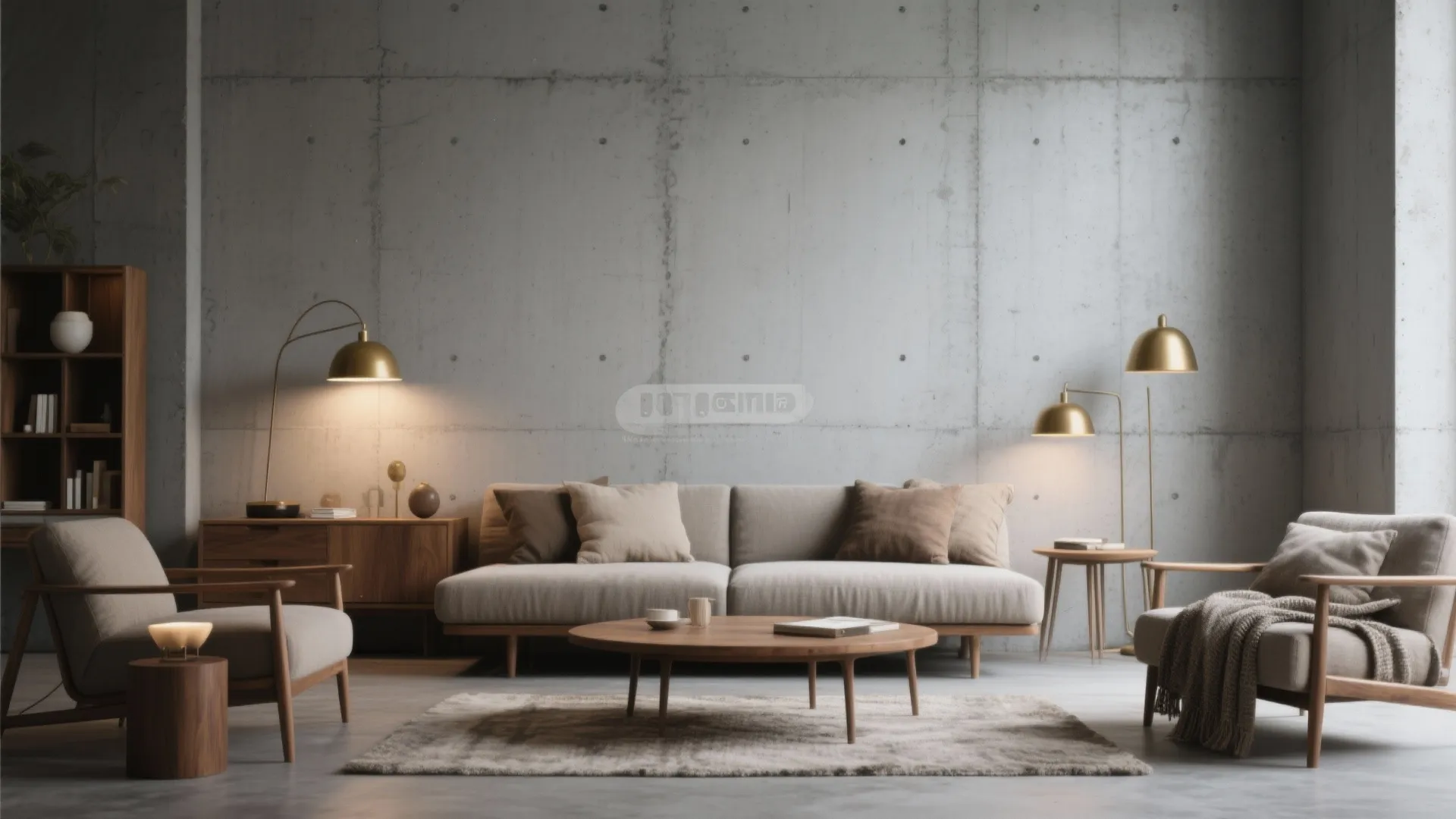 Flat industrial matte grey concrete wall paired with warm wood and brass accents for balance.