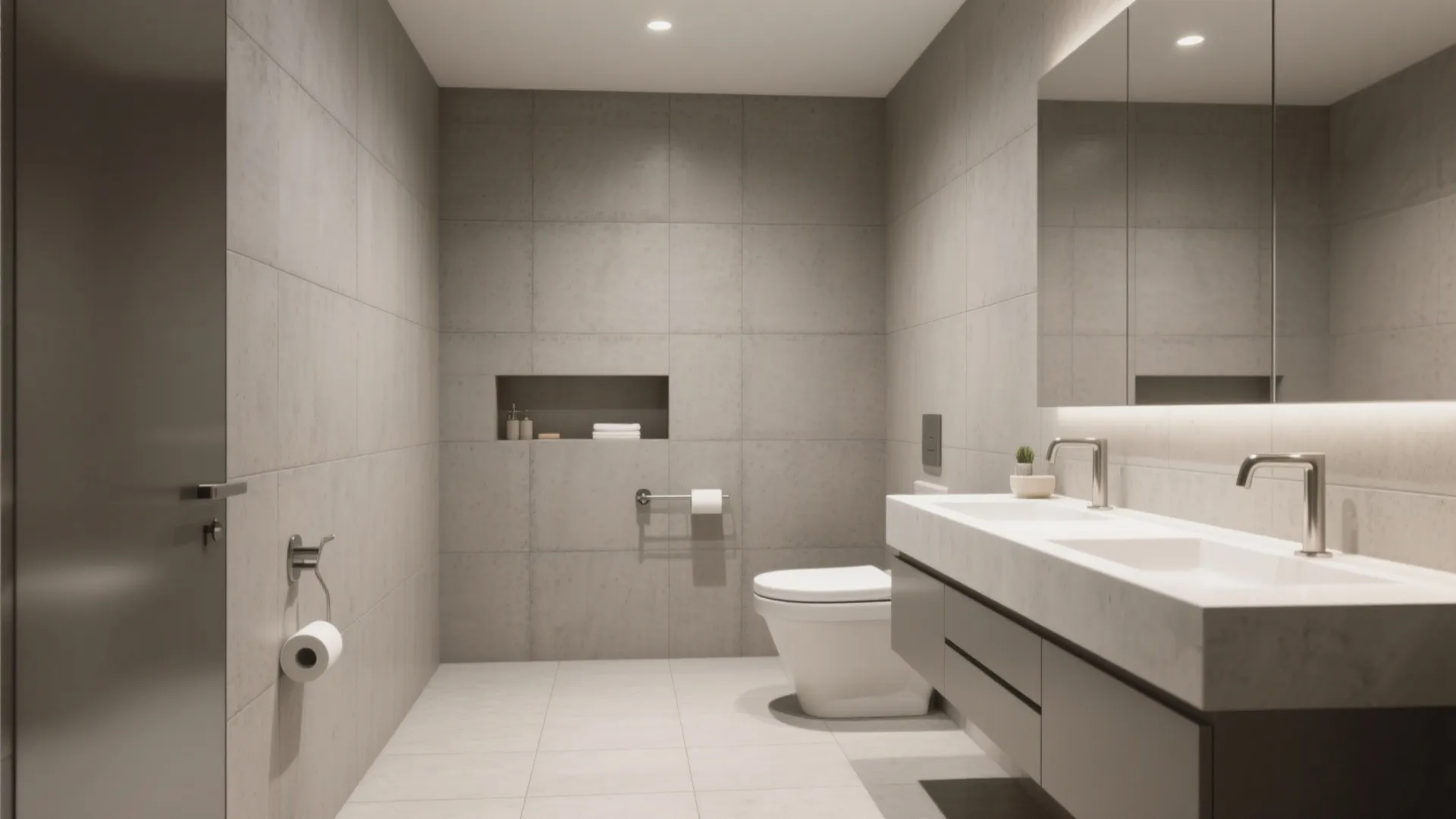 Compact bath with floor-to-ceiling matte concrete-look tiles, soft daylight, and a calm minimalist vibe.