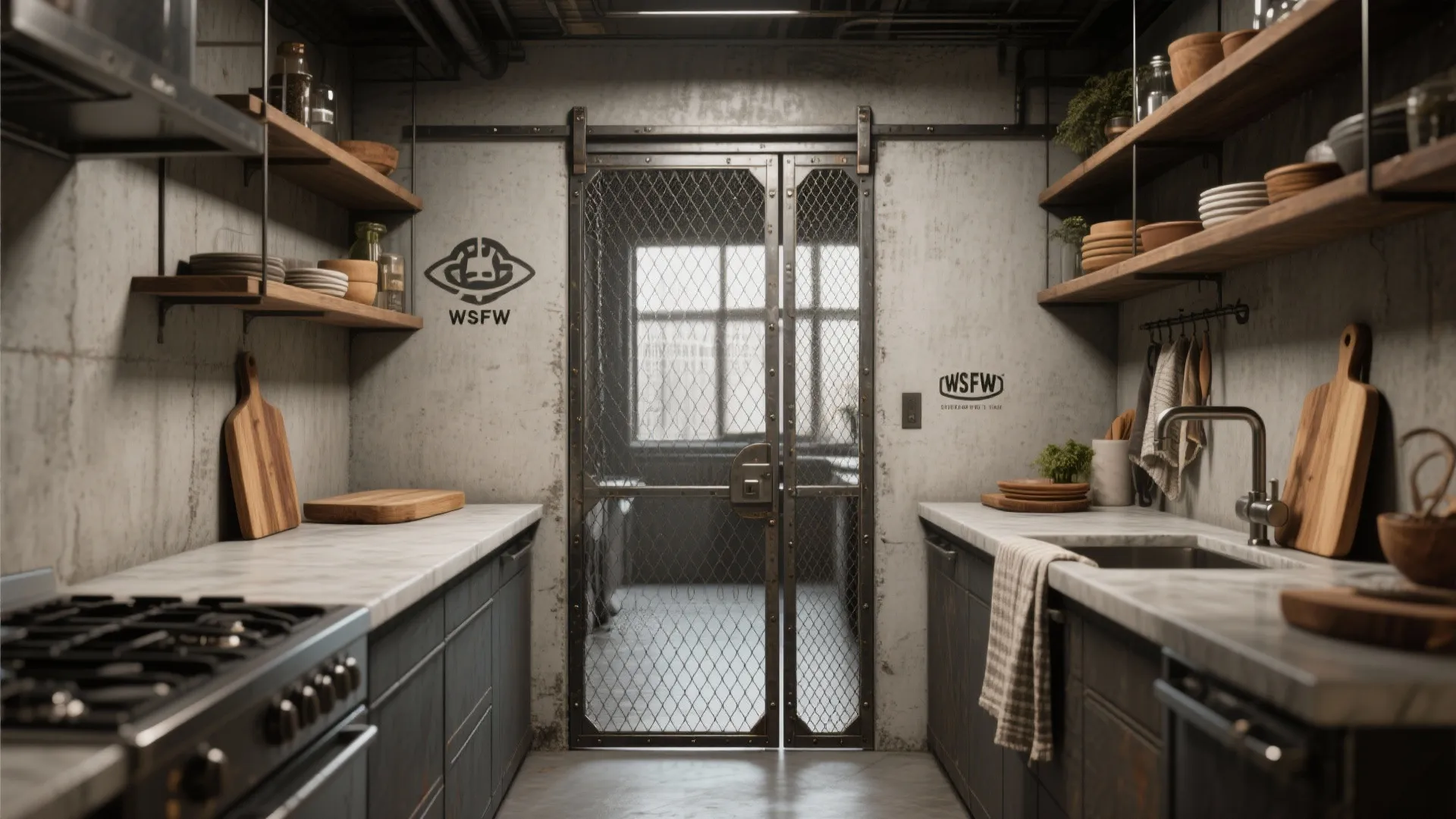Industrial kitchen with concrete walls wood shelves and a black metal mesh sliding barn door